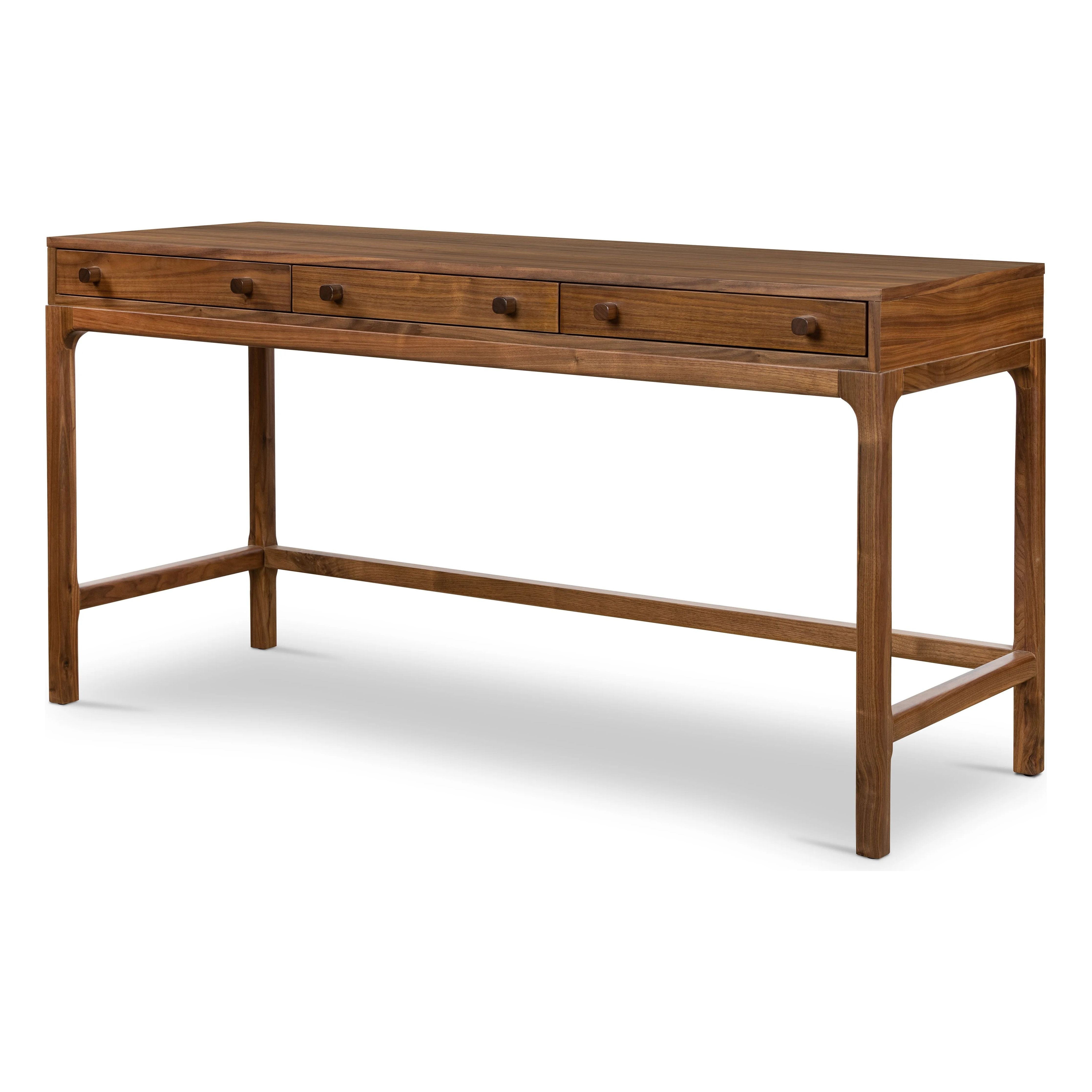 Made from solid walnut in a classic natural finish, a slim-profile desk features three drawers to keep frequently used items on hand Amethyst Home provides interior design, new home construction design consulting, vintage area rugs, and lighting in the Los Angeles metro area.