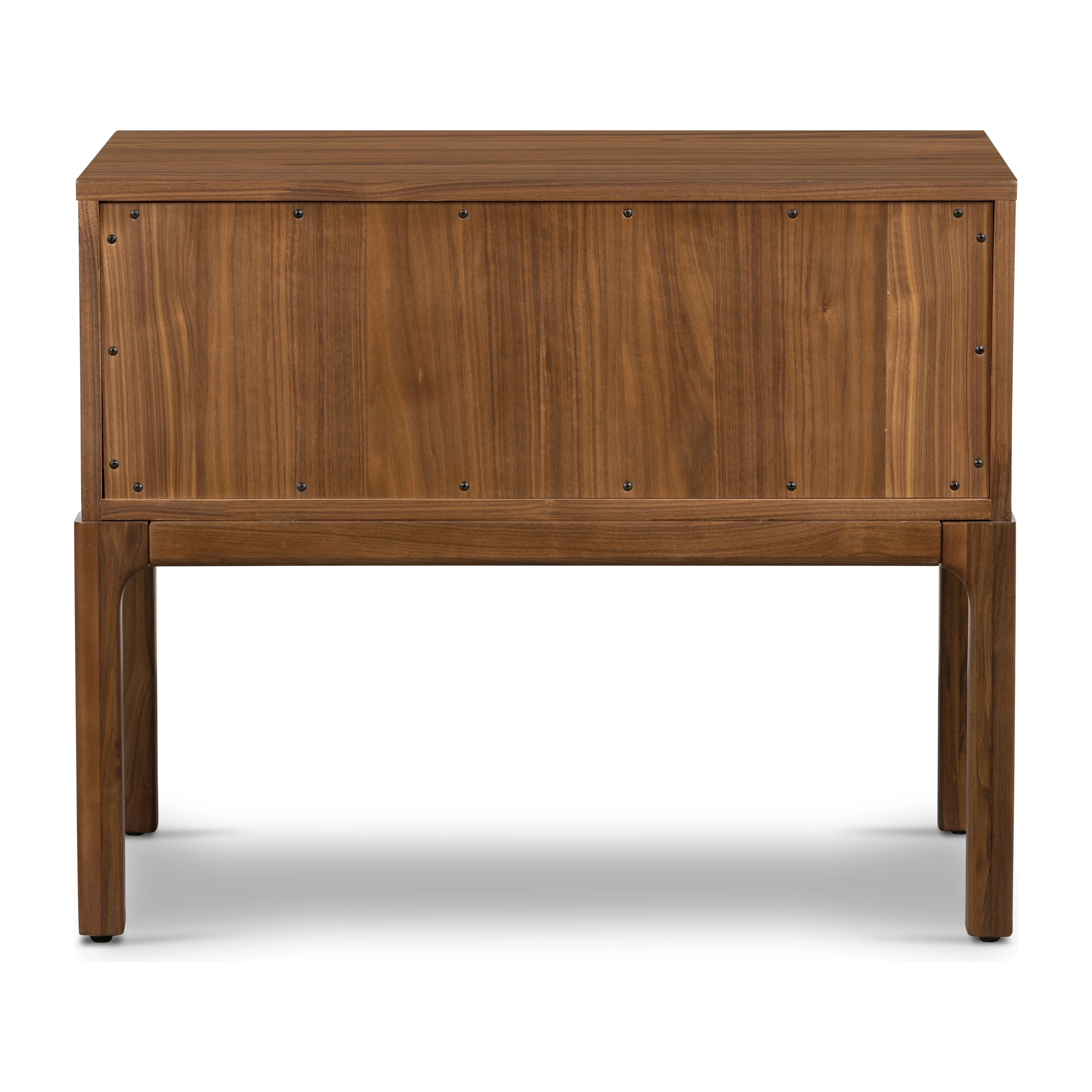 Inspired by campaign-style furniture of the 1800s â€” packable pieces first designed for traveling military use â€” a simply shaped nightstand of natural walnut features a subtly inset top and rounded legs, finished with wooden hardware Amethyst Home provides interior design, new home construction design consulting, vintage area rugs, and lighting in the Austin metro area.