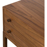 Inspired by campaign-style furniture of the 1800s â€” packable pieces first designed for traveling military use â€” a simply shaped nightstand of natural walnut features a subtly inset top and rounded legs, finished with wooden hardware Amethyst Home provides interior design, new home construction design consulting, vintage area rugs, and lighting in the Dallas metro area.