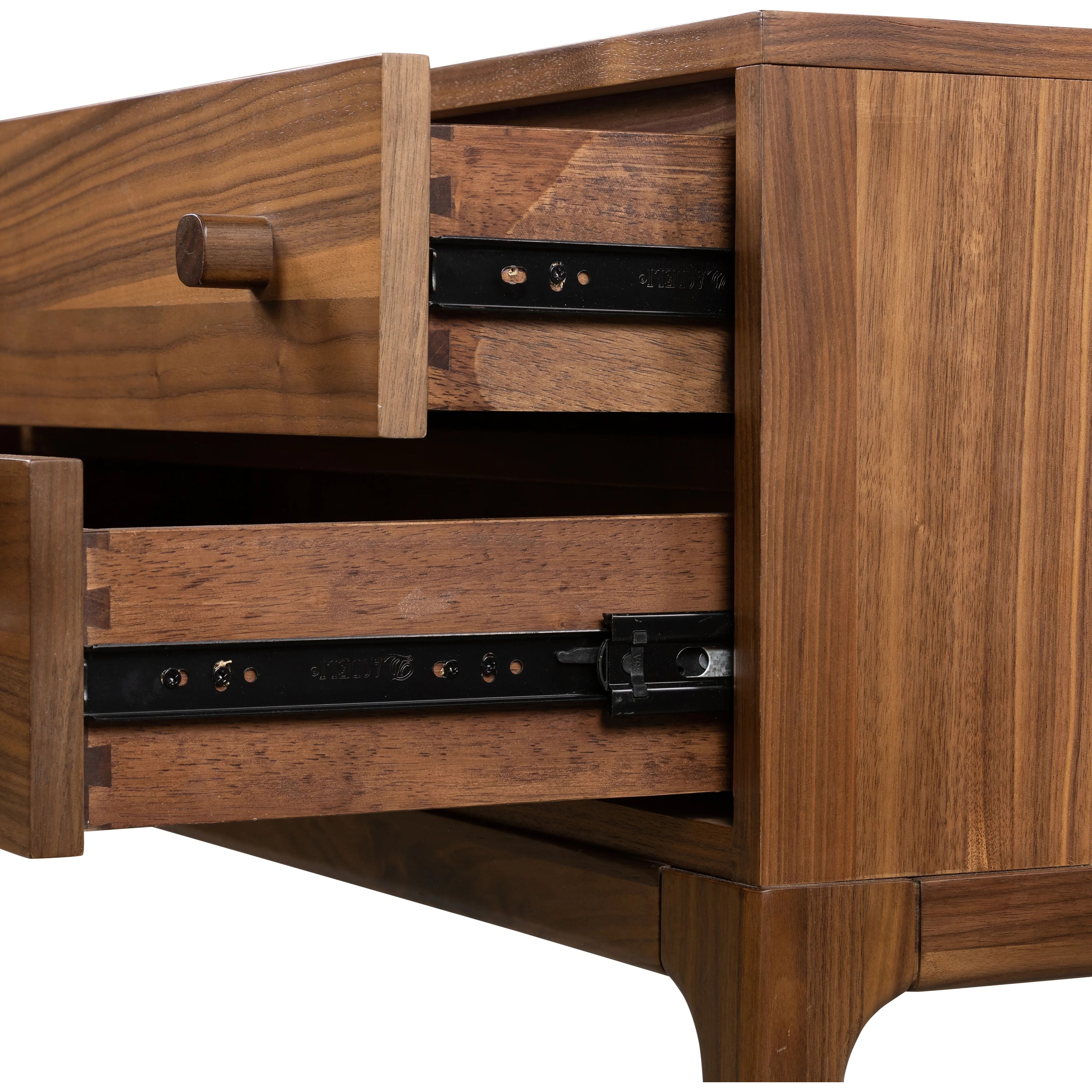 Inspired by campaign-style furniture of the 1800s â€” packable pieces first designed for traveling military use â€” a simply shaped nightstand of natural walnut features a subtly inset top and rounded legs, finished with wooden hardware Amethyst Home provides interior design, new home construction design consulting, vintage area rugs, and lighting in the Des Moines metro area.