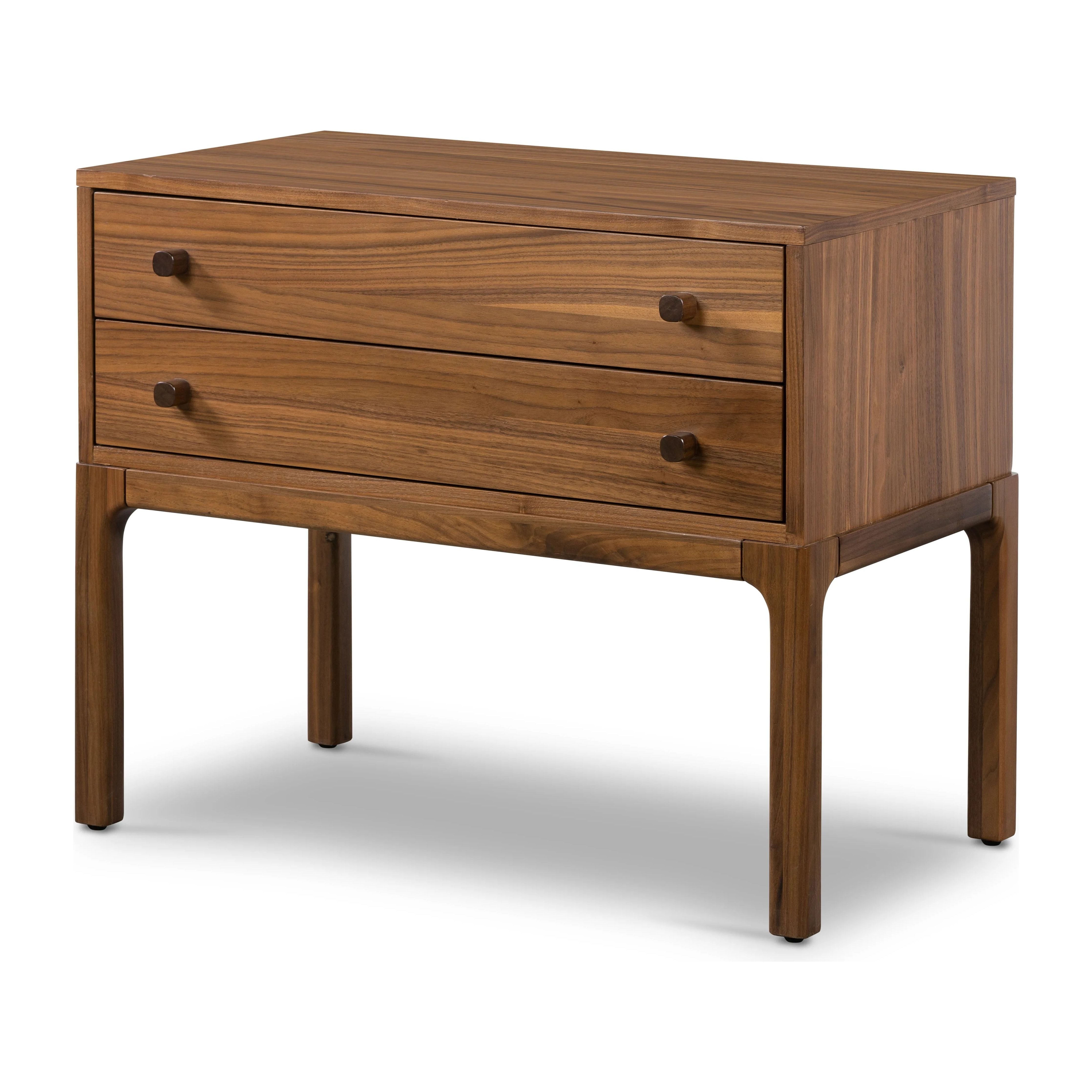Inspired by campaign-style furniture of the 1800s â€” packable pieces first designed for traveling military use â€” a simply shaped nightstand of natural walnut features a subtly inset top and rounded legs, finished with wooden hardware Amethyst Home provides interior design, new home construction design consulting, vintage area rugs, and lighting in the Miami metro area.