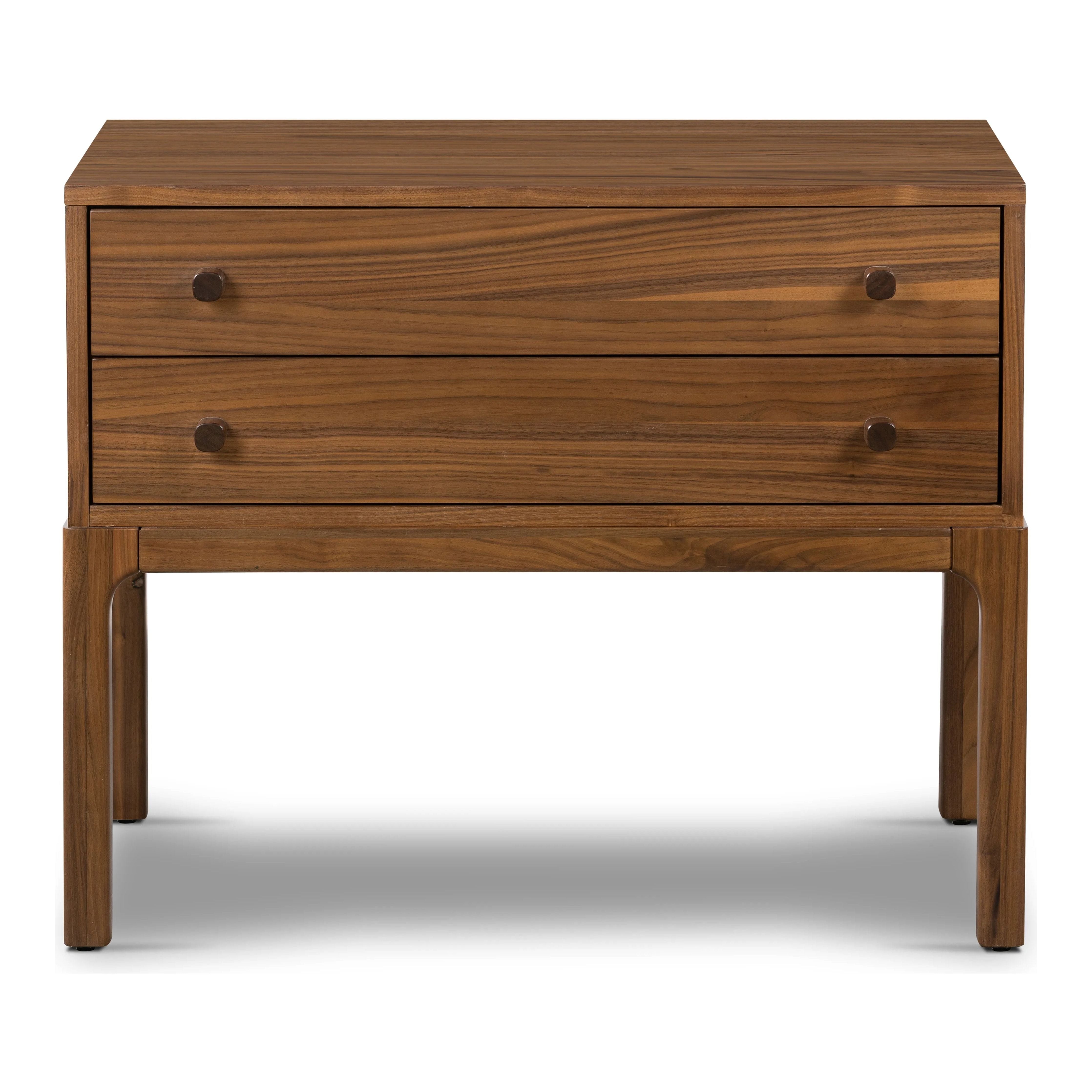 Inspired by campaign-style furniture of the 1800s â€” packable pieces first designed for traveling military use â€” a simply shaped nightstand of natural walnut features a subtly inset top and rounded legs, finished with wooden hardware Amethyst Home provides interior design, new home construction design consulting, vintage area rugs, and lighting in the Seattle metro area.