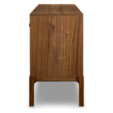 Inspired by campaign-style furniture of the 1800s â€” packable pieces first designed for traveling military use â€” a simply shaped sideboard of natural walnut features a subtly inset top and rounded legs, finished with wooden hardware Amethyst Home provides interior design, new home construction design consulting, vintage area rugs, and lighting in the Austin metro area.