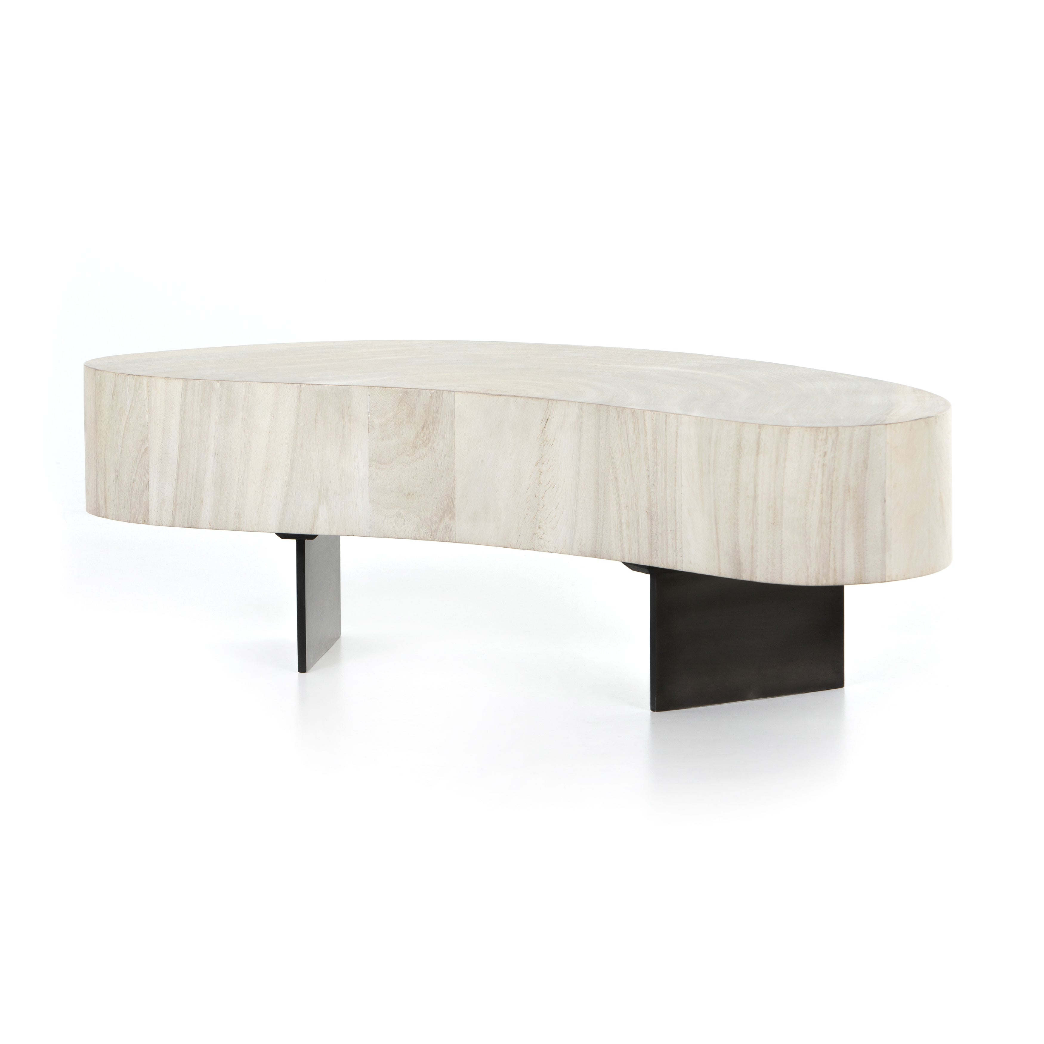 Natural beauty - total novelty. A thick slab of bleached, oyster-cut Guanacaste forms a tall, kidney-shaped coffee table. Visible rings speak to woods' natural graining, while a dark gunmetal-finished base provides clean contrast to the whole look. Amethyst Home provides interior design, new construction, custom furniture, and area rugs in the Miami metro area.