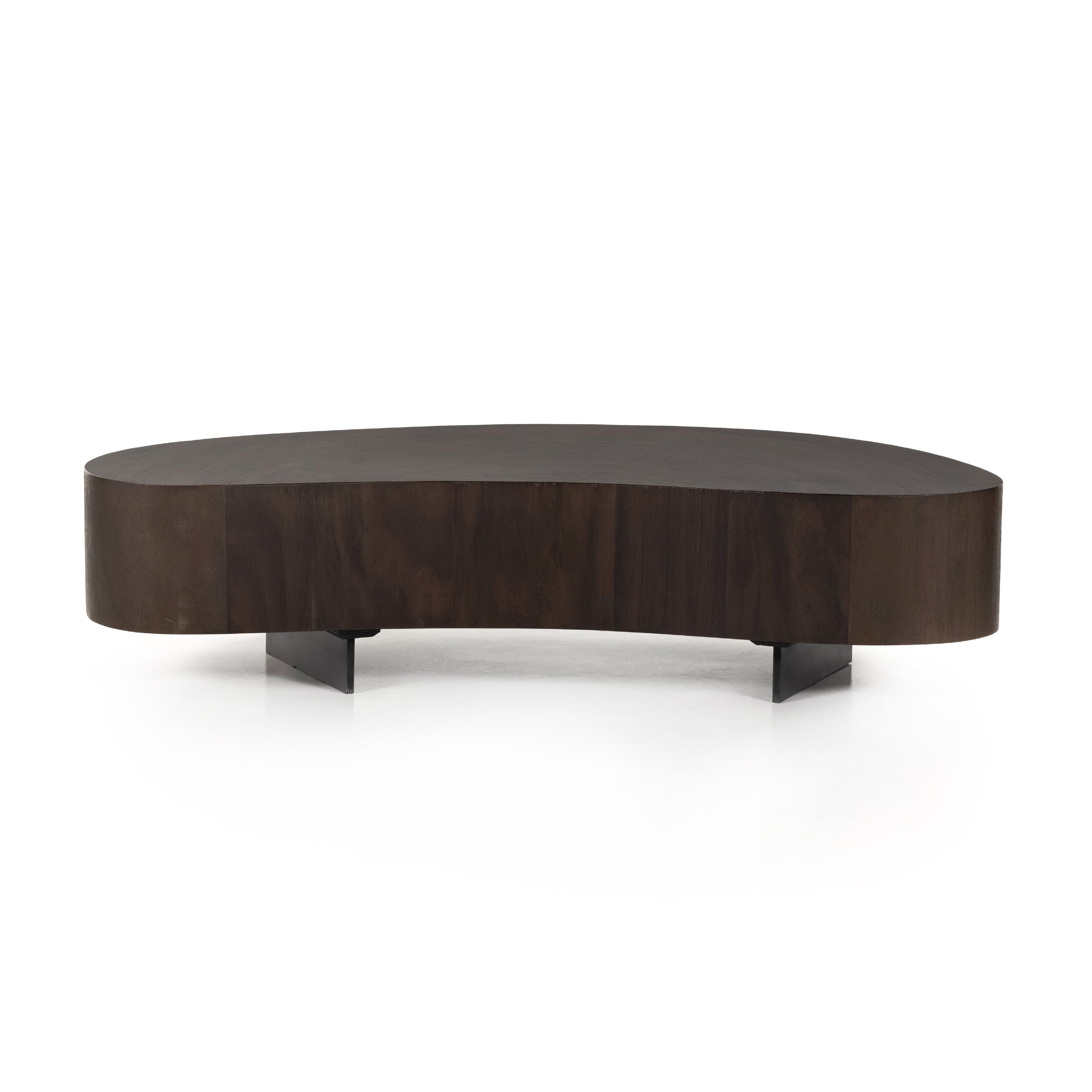 Natural beauty, total novelty. Oyster-cut Guanacaste forms a petite, kidney-shaped coffee table. Visible rings speak to woods' natural graining, while a dark gunmetal-finished base provides clean contrast to the whole look. Option to pair with taller piece, sold separately. Amethyst Home provides interior design, new construction, custom furniture, and area rugs in the Des Moines metro area.
