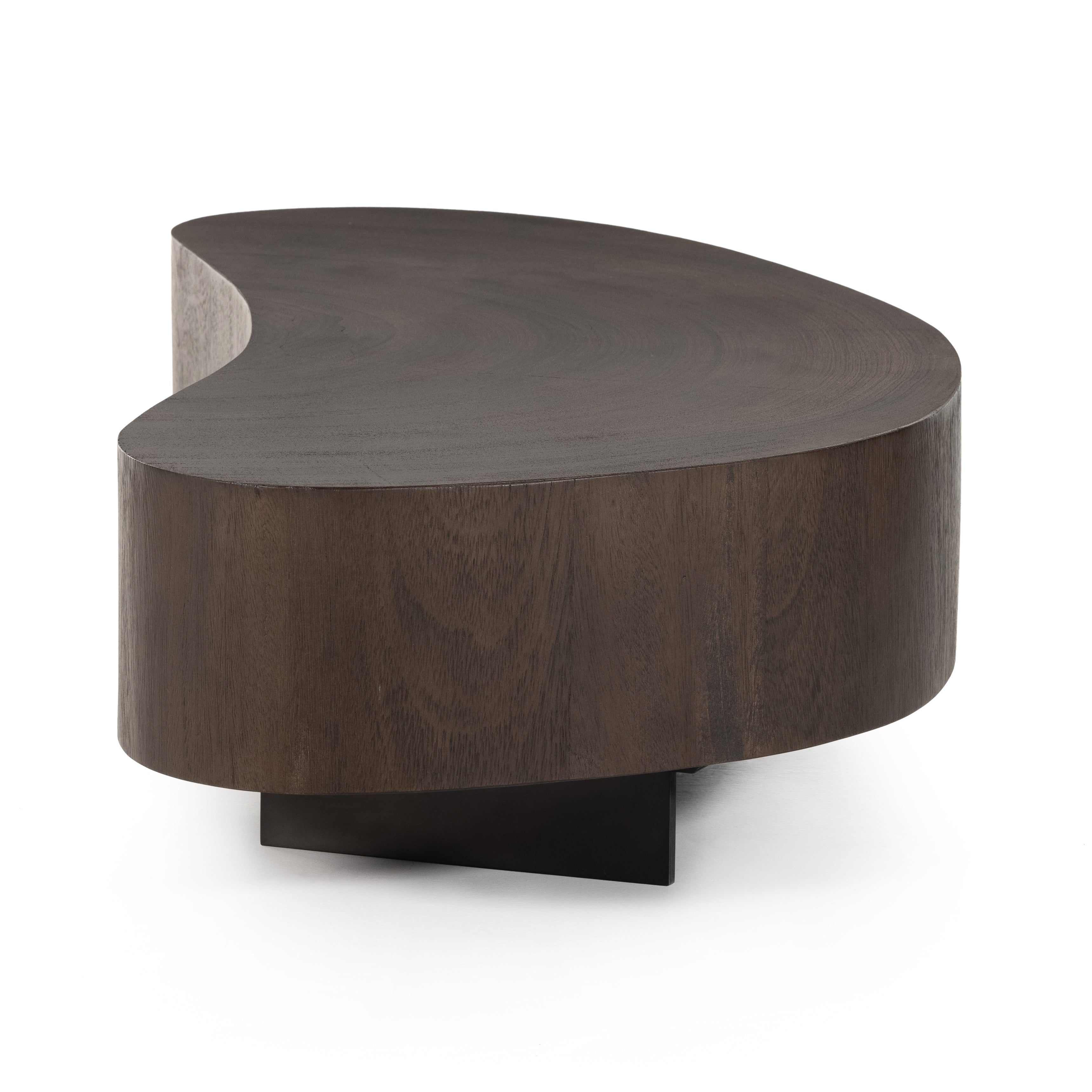 Natural beauty, total novelty. Oyster-cut Guanacaste forms a petite, kidney-shaped coffee table. Visible rings speak to woods' natural graining, while a dark gunmetal-finished base provides clean contrast to the whole look. Option to pair with taller piece, sold separately. Amethyst Home provides interior design, new construction, custom furniture, and area rugs in the San Diego metro area.