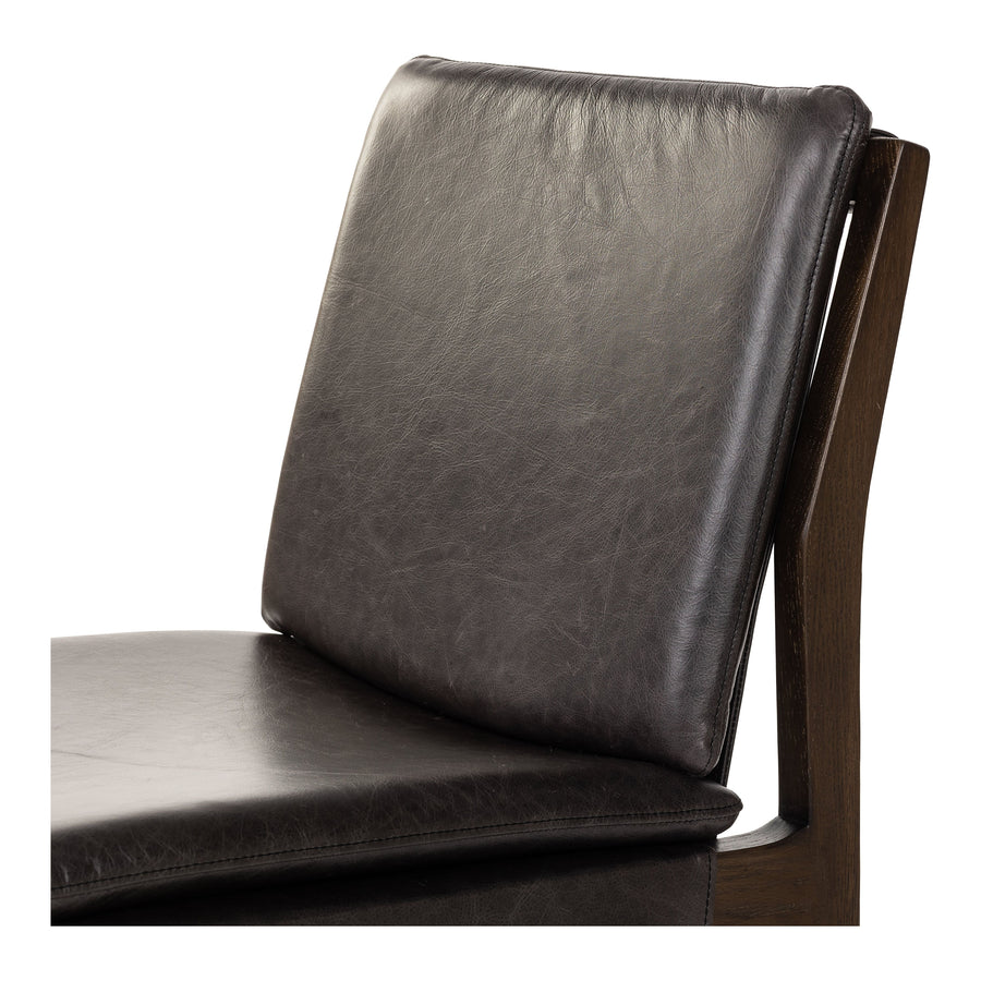 Modern and transitional, burnt oak nettlewood frames this armless dining chair. Finished with a top-grain leather exclusive to Four Hands. Amethyst Home provides interior design, new construction, custom furniture, and area rugs in the Tampa metro area.