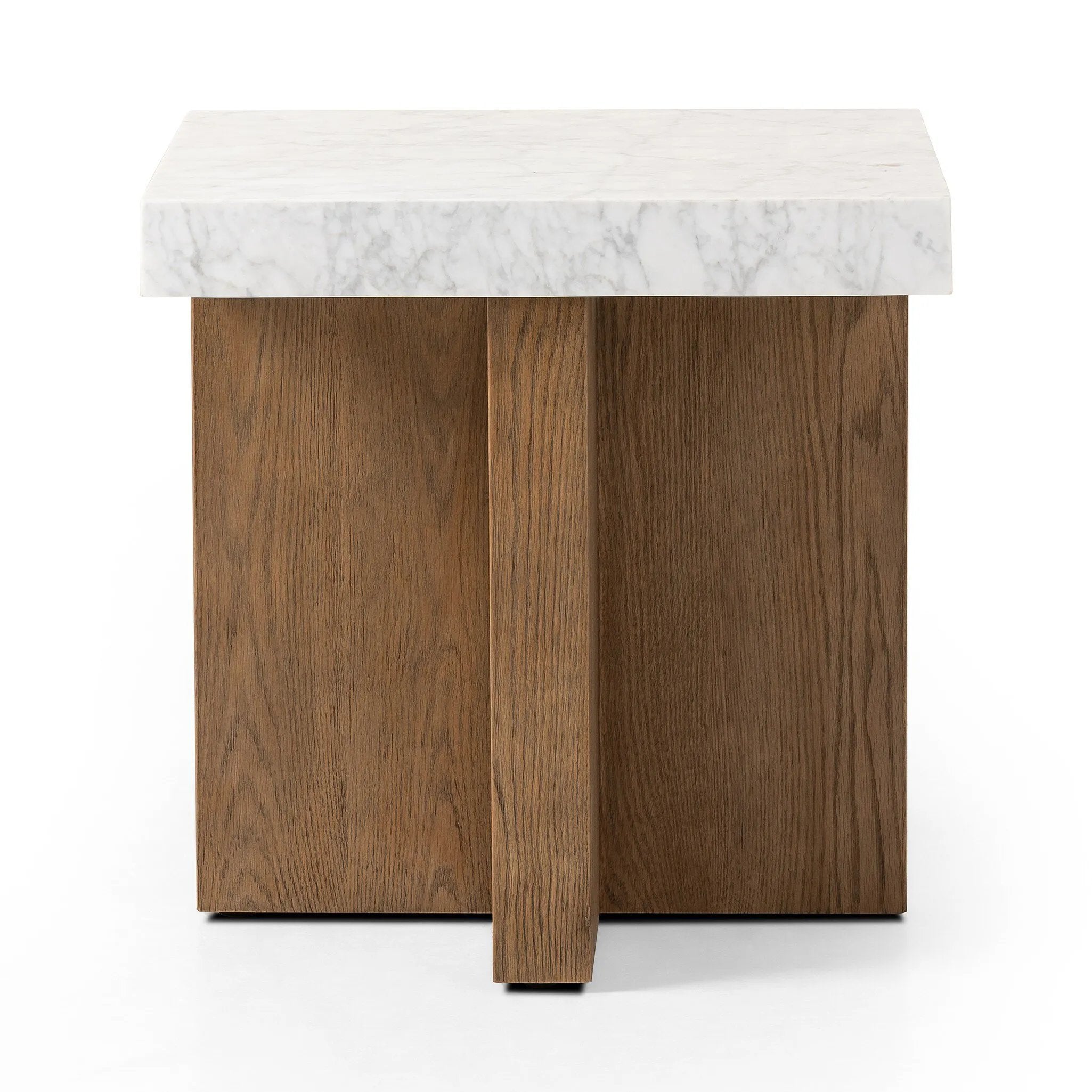 Structured lines and chunky proportions fuse for a mixed material end table of smoked oak and polished marble.Collection: Hughe Amethyst Home provides interior design, new home construction design consulting, vintage area rugs, and lighting in the Charlotte metro area.