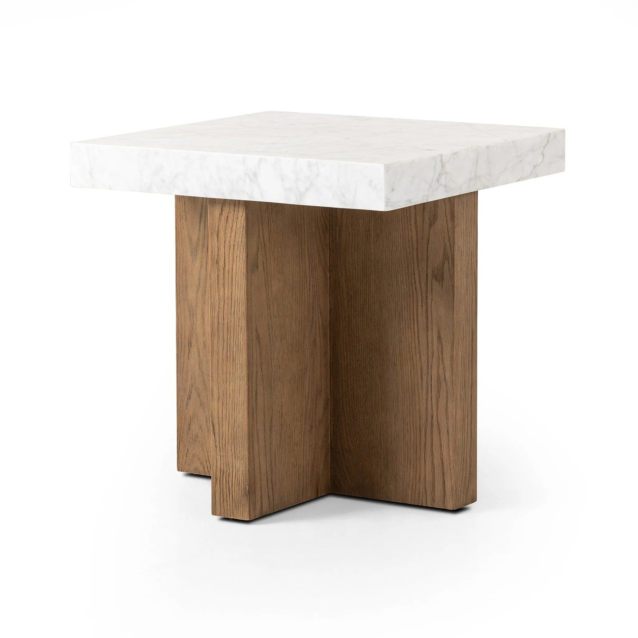 Structured lines and chunky proportions fuse for a mixed material end table of smoked oak and polished marble.Collection: Hughe Amethyst Home provides interior design, new home construction design consulting, vintage area rugs, and lighting in the Houston metro area.