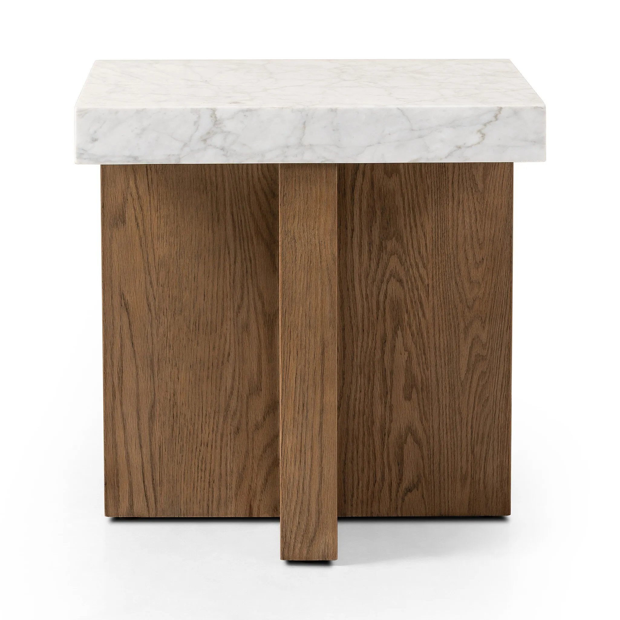 Structured lines and chunky proportions fuse for a mixed material end table of smoked oak and polished marble.Collection: Hughe Amethyst Home provides interior design, new home construction design consulting, vintage area rugs, and lighting in the Omaha metro area.