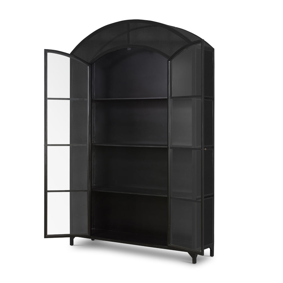 Display barware, books and keepsakes in wide, beautifully arched cabinetry. Solid iron sheeting is finished in a soft, matte black with contrasting brass hardware. Amethyst Home provides interior design, new construction, custom furniture, and area rugs in the Los Angeles metro area.