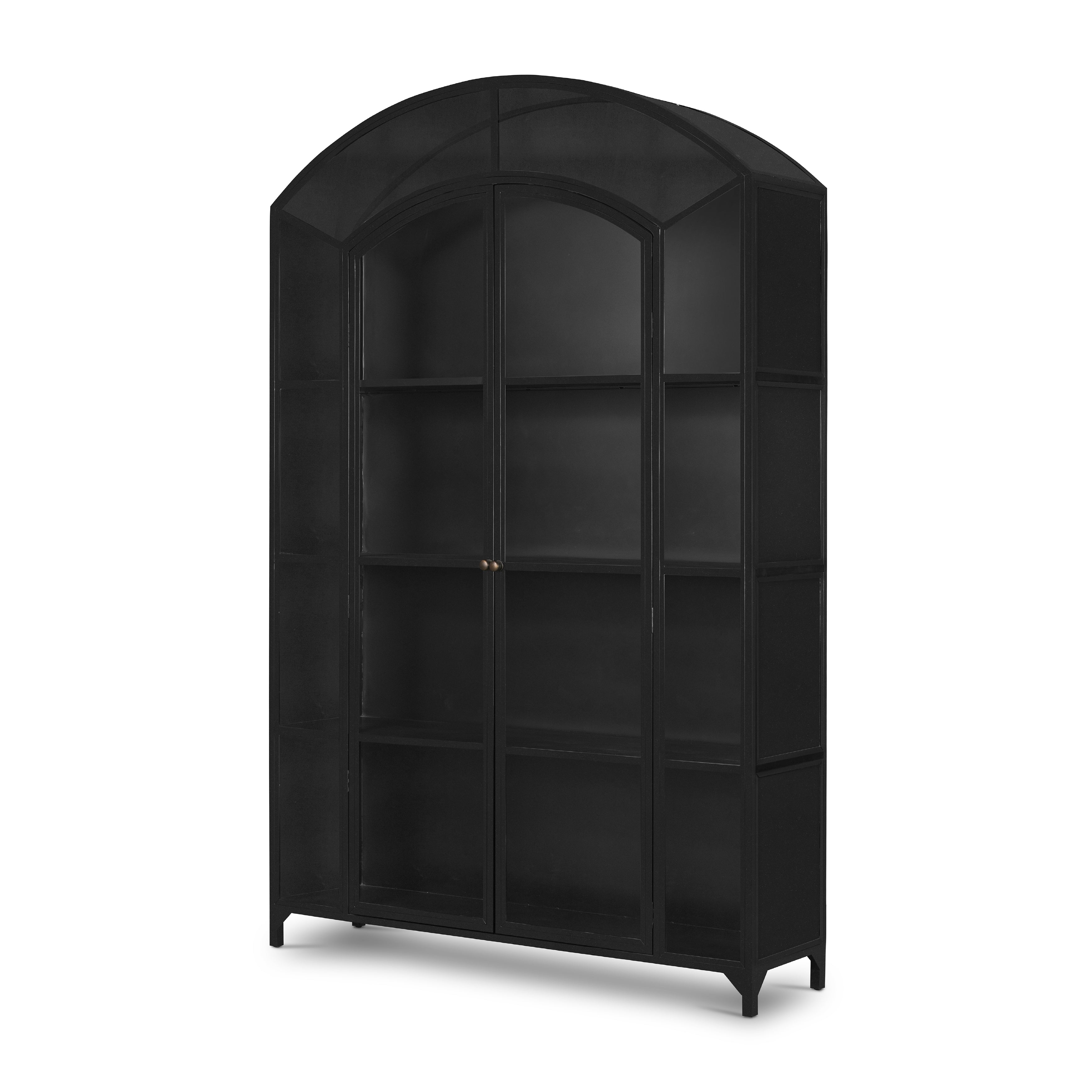 Display barware, books and keepsakes in wide, beautifully arched cabinetry. Solid iron sheeting is finished in a soft, matte black with contrasting brass hardware. Amethyst Home provides interior design, new construction, custom furniture, and area rugs in the Monterey metro area.