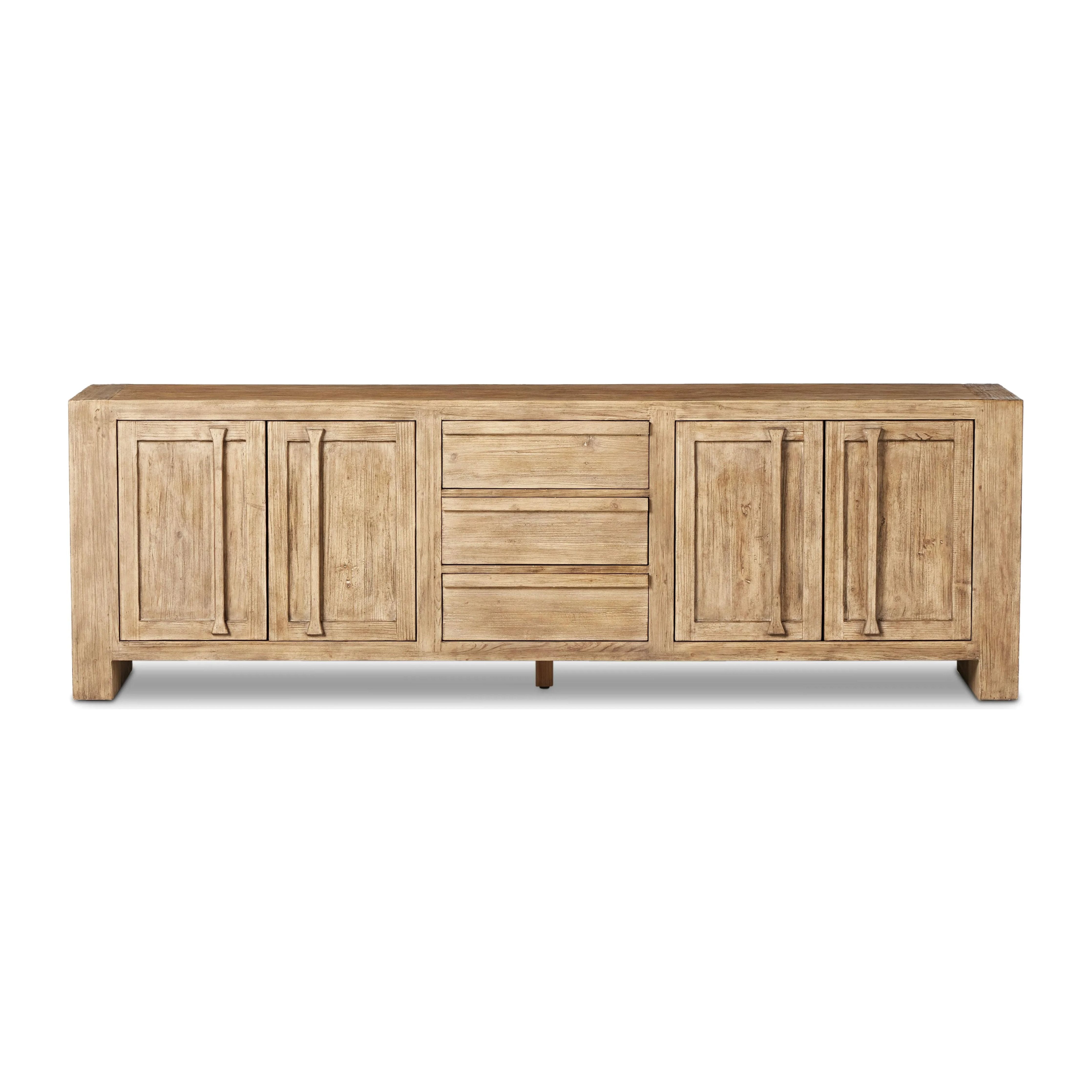A large, waterfall-style sideboard inspired by Chinese antiques is made from solid pine with a light, distressed finish and butterfly joint connections. Rear cutouts for cord management.Collection: Well Amethyst Home provides interior design, new home construction design consulting, vintage area rugs, and lighting in the Park City metro area.