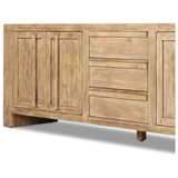 A large, waterfall-style sideboard inspired by Chinese antiques is made from solid pine with a light, distressed finish and butterfly joint connections. Rear cutouts for cord management.Collection: Well Amethyst Home provides interior design, new home construction design consulting, vintage area rugs, and lighting in the Seattle metro area.