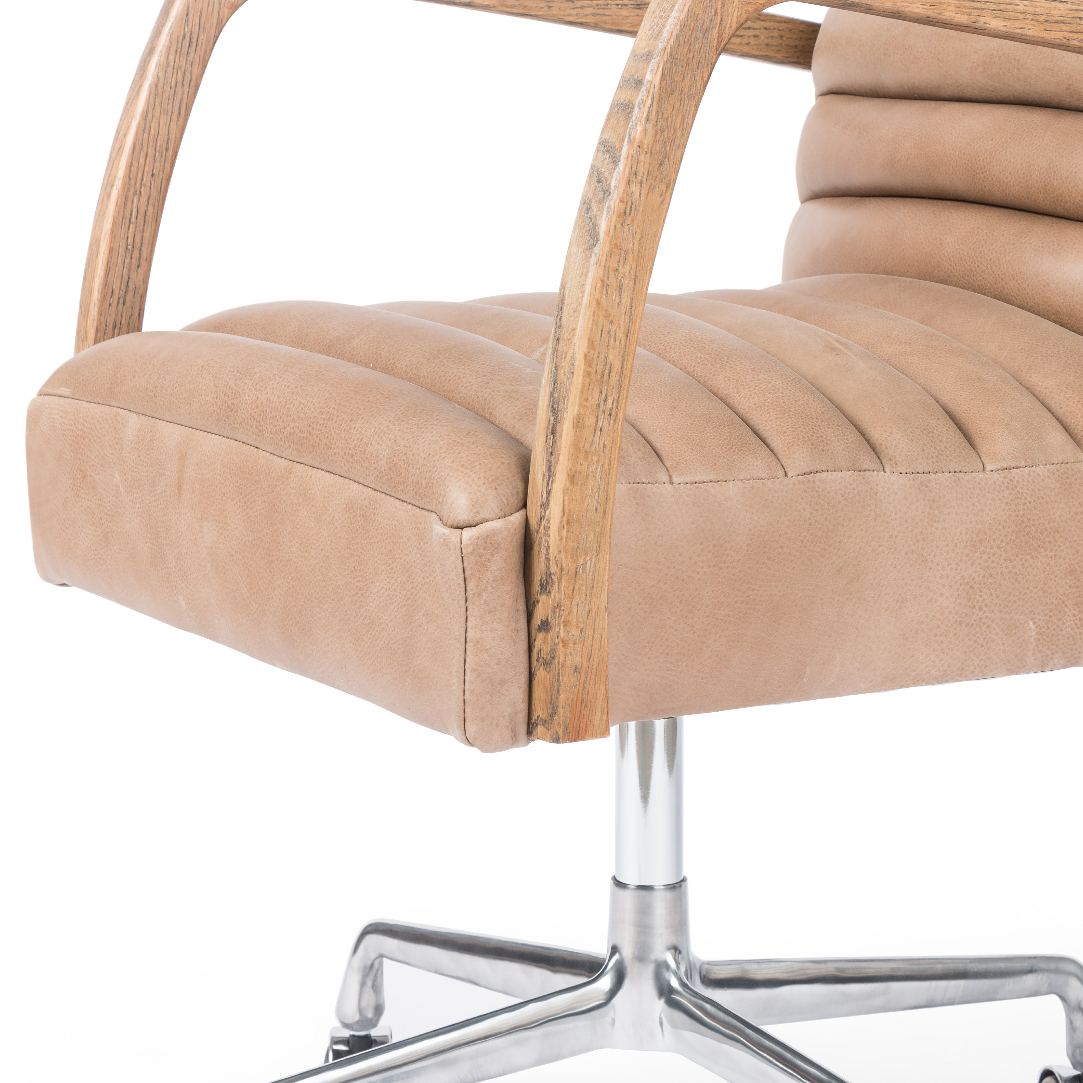 Featuring Bryson Palermo Desk Chair by Four Hands at Amethyst Home. High style. Light tan top-grain leather covers a sculpted seat and back, with elegantly arched arms of solid oak. Stainless steel casters make for ease in the modern workplace. Height not adjustable.Overall Dimensions: 23.25"W x 27"L x 42.50"HColors: Toasted Nettlewood, Stainless Steel, Palermo DriftMaterials: Solid Nettlewood. Amethyst Home provides interior design services, furniture, rugs, and lighting in the Dallas metro area.
