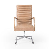 Featuring Bryson Palermo Desk Chair by Four Hands at Amethyst Home. High style. Light tan top-grain leather covers a sculpted seat and back, with elegantly arched arms of solid oak. Stainless steel casters make for ease in the modern workplace. Height not adjustable.Overall Dimensions: 23.25"W x 27"L x 42.50"HColors: Toasted Nettlewood, Stainless Steel, Palermo DriftMaterials: Solid Nettle. Amethyst Home provides interior design services, furniture, rugs, and lighting in the Des Moines metro area.