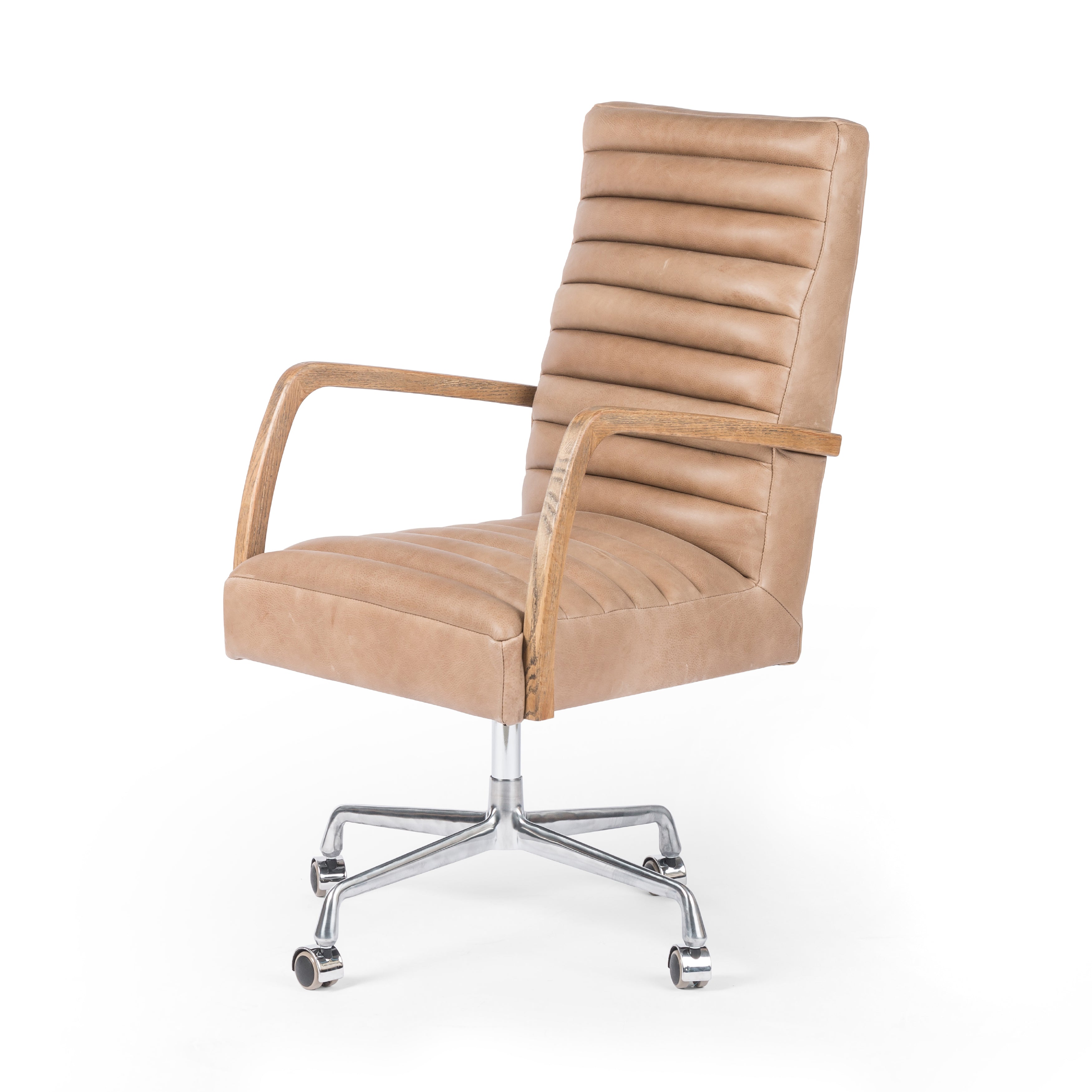 Featuring Bryson Palermo Desk Chair by Four Hands at Amethyst Home. High style. Light tan top-grain leather covers a sculpted seat and back, with elegantly arched arms of solid oak. Stainless steel casters make for ease in the modern workplace. Height not adjustable.Overall Dimensions: 23.25"W x 27"L x 42.50"HColors: Toasted Nettlewood, Stainless Steel, Palermo DriftMaterials: Solid Nettl. Amethyst Home provides interior design services, furniture, rugs, and lighting in the Kansas City metro area.