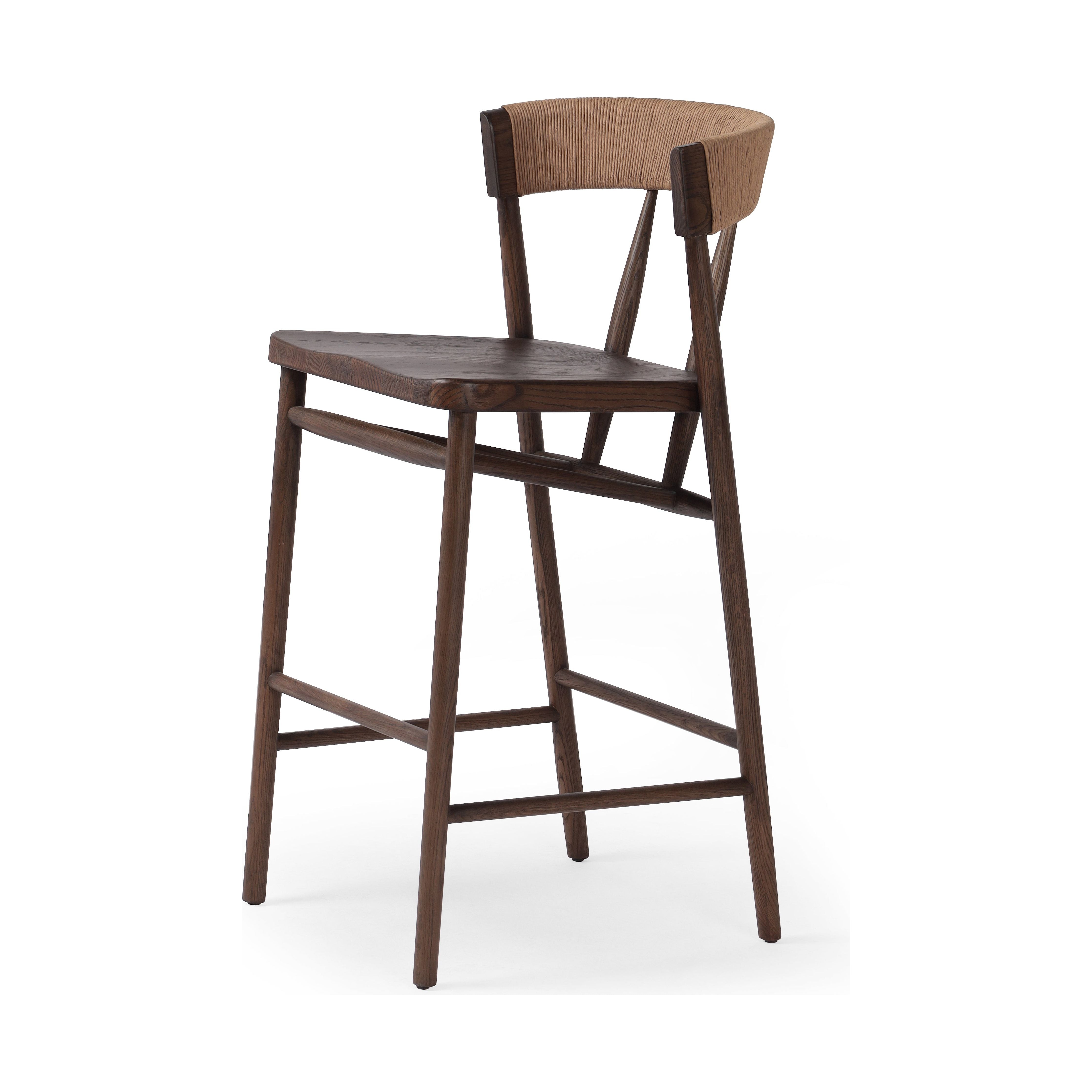 A solid oak bar stool defined by tapered legs and framing gives an updated look to the classic whistler chair. Finished with a paper rush wrapped detail on the back. Amethyst Home provides interior design, new construction, custom furniture, and area rugs in the Salt Lake City metro area.