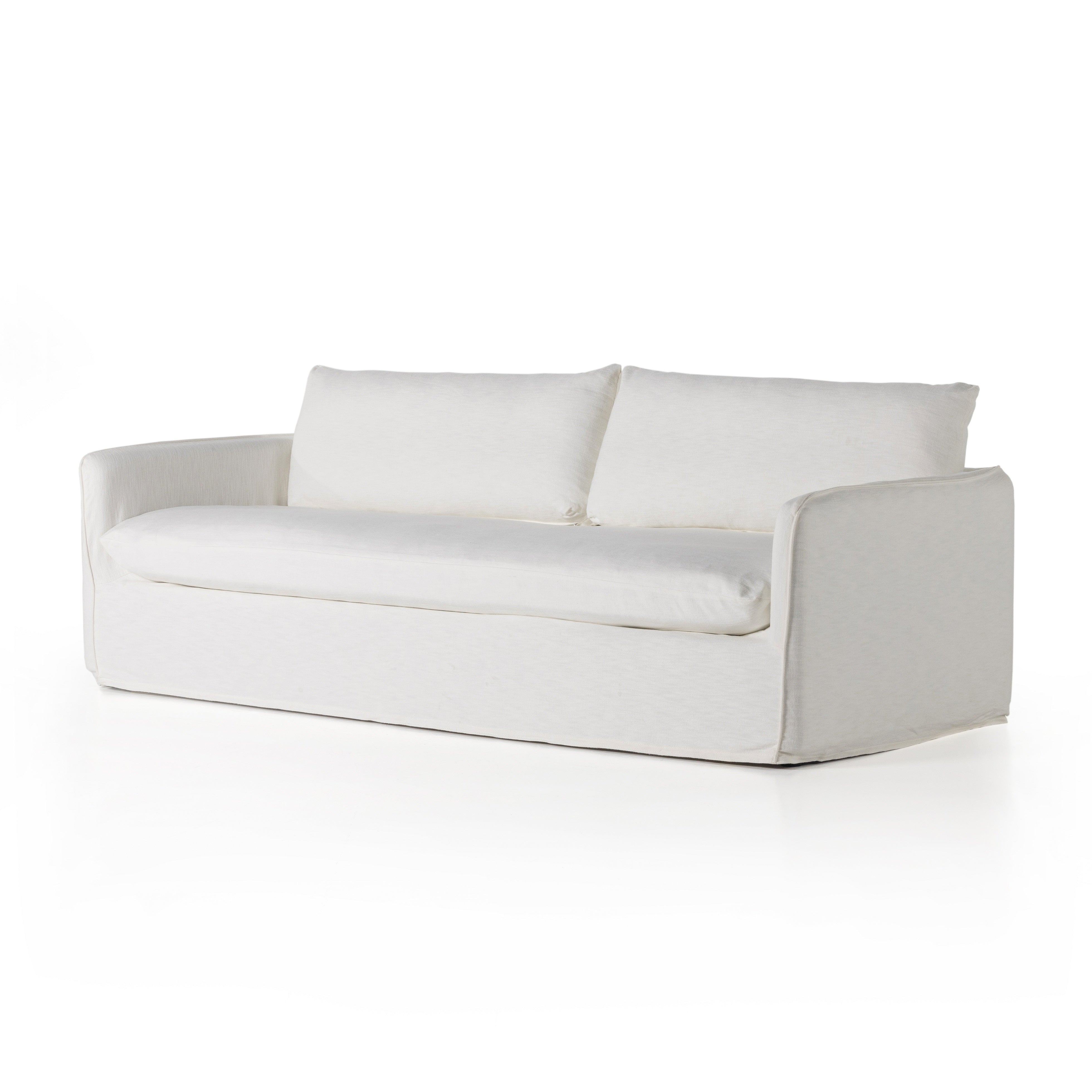 Capella Bergamo Cream Slipcover Sofa is clean and casual with contemporary touches. A cotton- and linen-blend slipcovered sofa features tapered arms and flange detailing for a sharp silhouette. Feather-blend knife-edge cushions mean total comfort. Slipcover machine washable for modern ease. Amethyst Home provides interior design services, furniture, rugs, and lighting in the Los Angeles metro area.