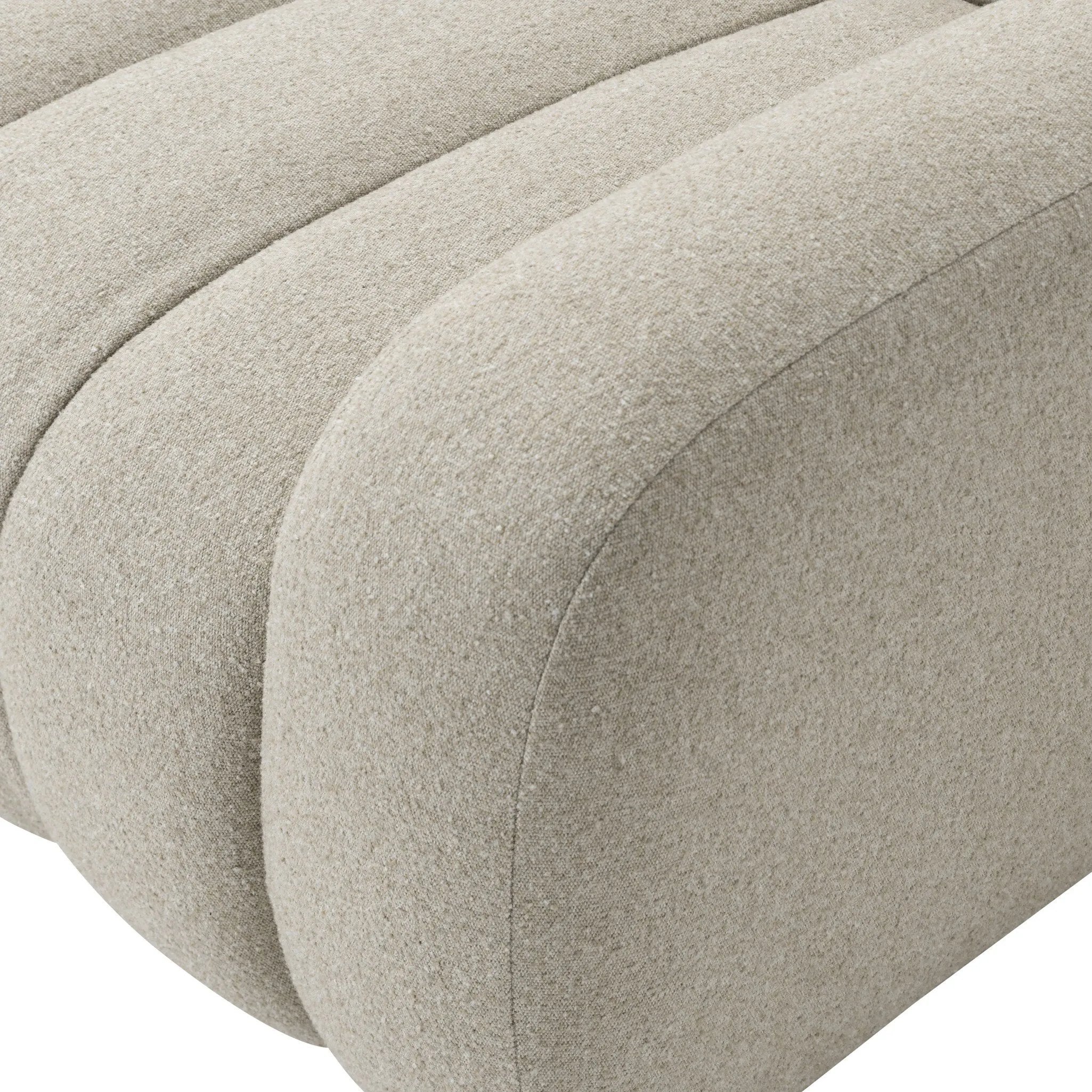 Featuring Carina Weslie Flax Sofa by Four Hands at Amethyst Home. Grand in scale and comfort, this plush sofa features wide dramatic channeling for extra volume and a cloud-like look and sit. Covered in a recycled olefin fabric, known for its UV-resistant, water-repellent and quick-drying abilities, in a Turkish weave with a classic tweed feel.
Overall Dimensio. Amethyst Home provides interior design, new home construction design consulting, vintage area rugs, and lighting in the Tampa metro area.