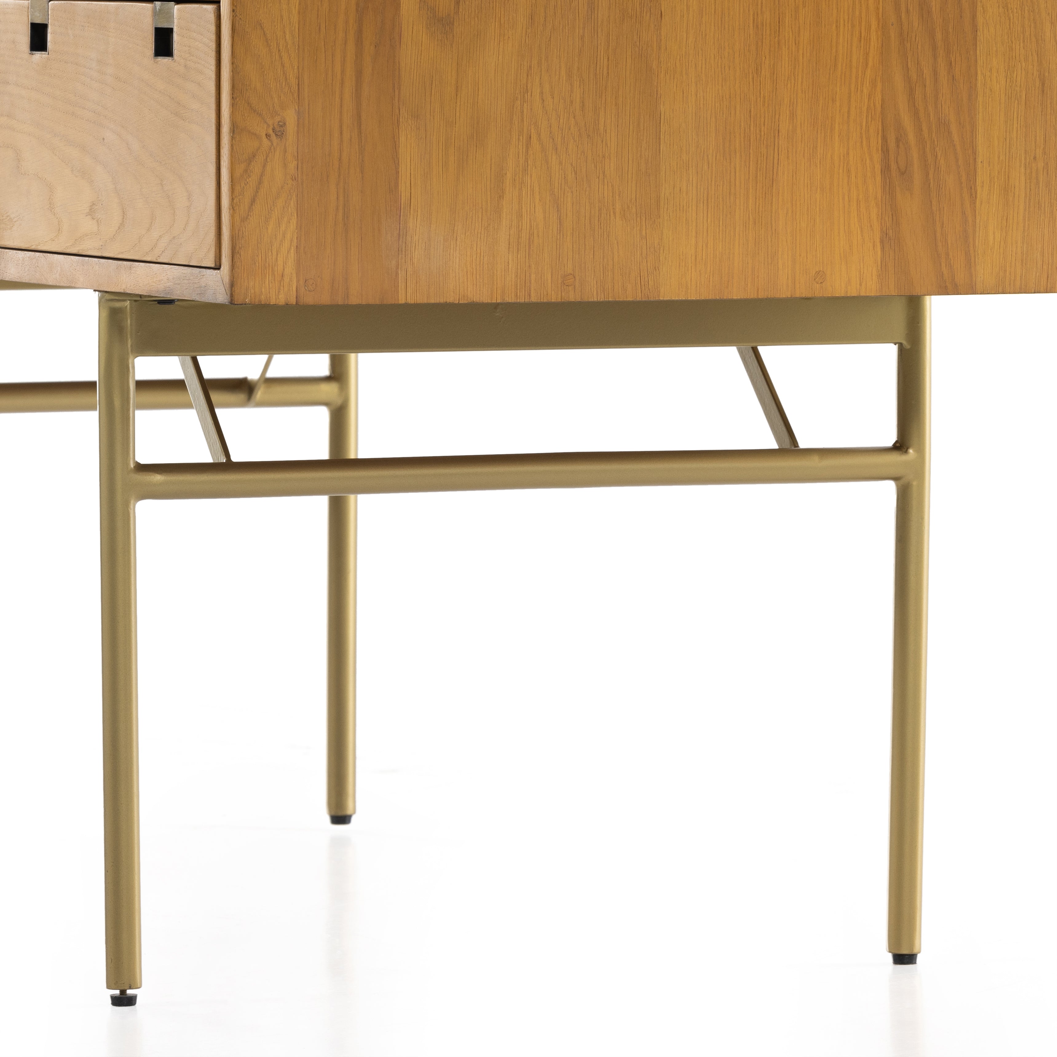 Style meets simplicity in this Danish-inspired design. A slim, streamlined desk of solid natural oak features squared hardware and airy legs finished in a satin brass. Five drawers offer ample storage space for frequently used office supplies. Amethyst Home provides interior design, new construction, custom furniture, and area rugs in the Charlotte metro area.