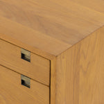 Style meets simplicity in this Danish-inspired design. A slim, streamlined desk of solid natural oak features squared hardware and airy legs finished in a satin brass. Five drawers offer ample storage space for frequently used office supplies. Amethyst Home provides interior design, new construction, custom furniture, and area rugs in the Nashville metro area.