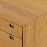 Style meets simplicity in this Danish-inspired design. A slim, streamlined desk of solid natural oak features squared hardware and airy legs finished in a satin brass. Five drawers offer ample storage space for frequently used office supplies. Amethyst Home provides interior design, new construction, custom furniture, and area rugs in the Nashville metro area.