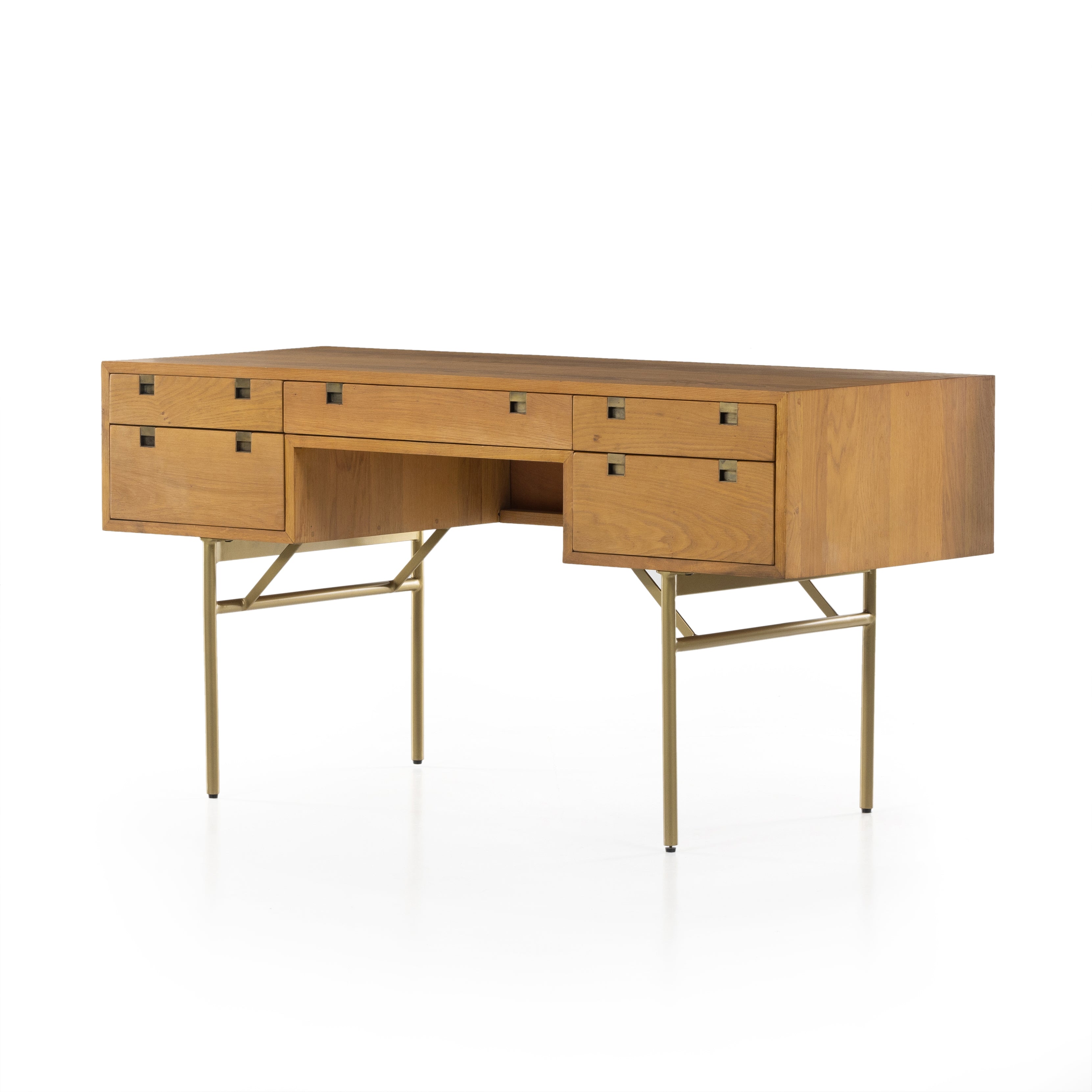 Style meets simplicity in this Danish-inspired design. A slim, streamlined desk of solid natural oak features squared hardware and airy legs finished in a satin brass. Five drawers offer ample storage space for frequently used office supplies. Amethyst Home provides interior design, new construction, custom furniture, and area rugs in the Salt Lake City metro area.