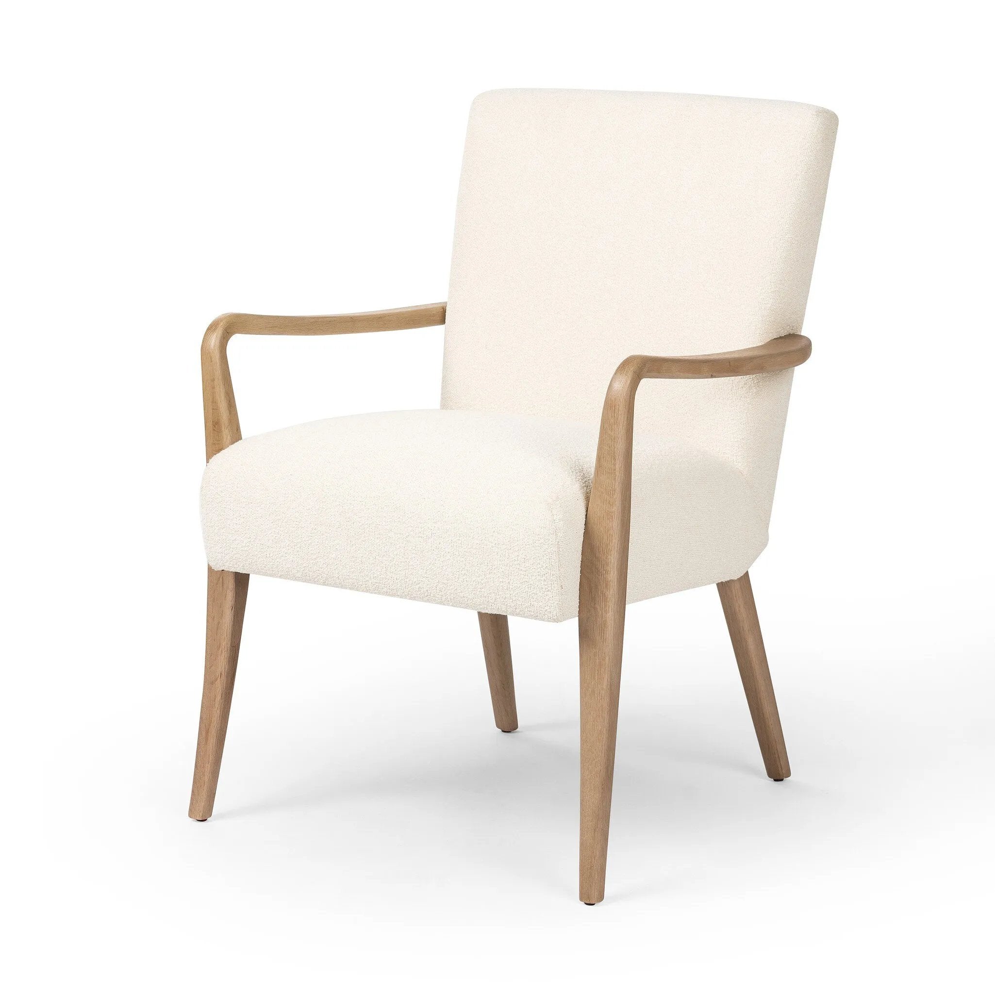 Add timeless midcentury design to your table with this Danish-inspired dining chair. Fluid oak arms and cream upholstery create a chair that embodies both comfort and style.Collection: Ashfor Amethyst Home provides interior design, new home construction design consulting, vintage area rugs, and lighting in the Nashville metro area.