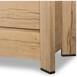 Designed by Thomas Bina and Ronald Sasson, a design partnership blending both modern minimalist and Brazilian influences. This grand-scale dresser is crafted from natural reclaimed French oak with plenty of graining, cracking and movement across the drawer fronts. Detailed with angled legs and exposed joinery on the top. Amethyst Home provides interior design, new home construction design consulting, vintage area rugs, and lighting in the Washington metro area.