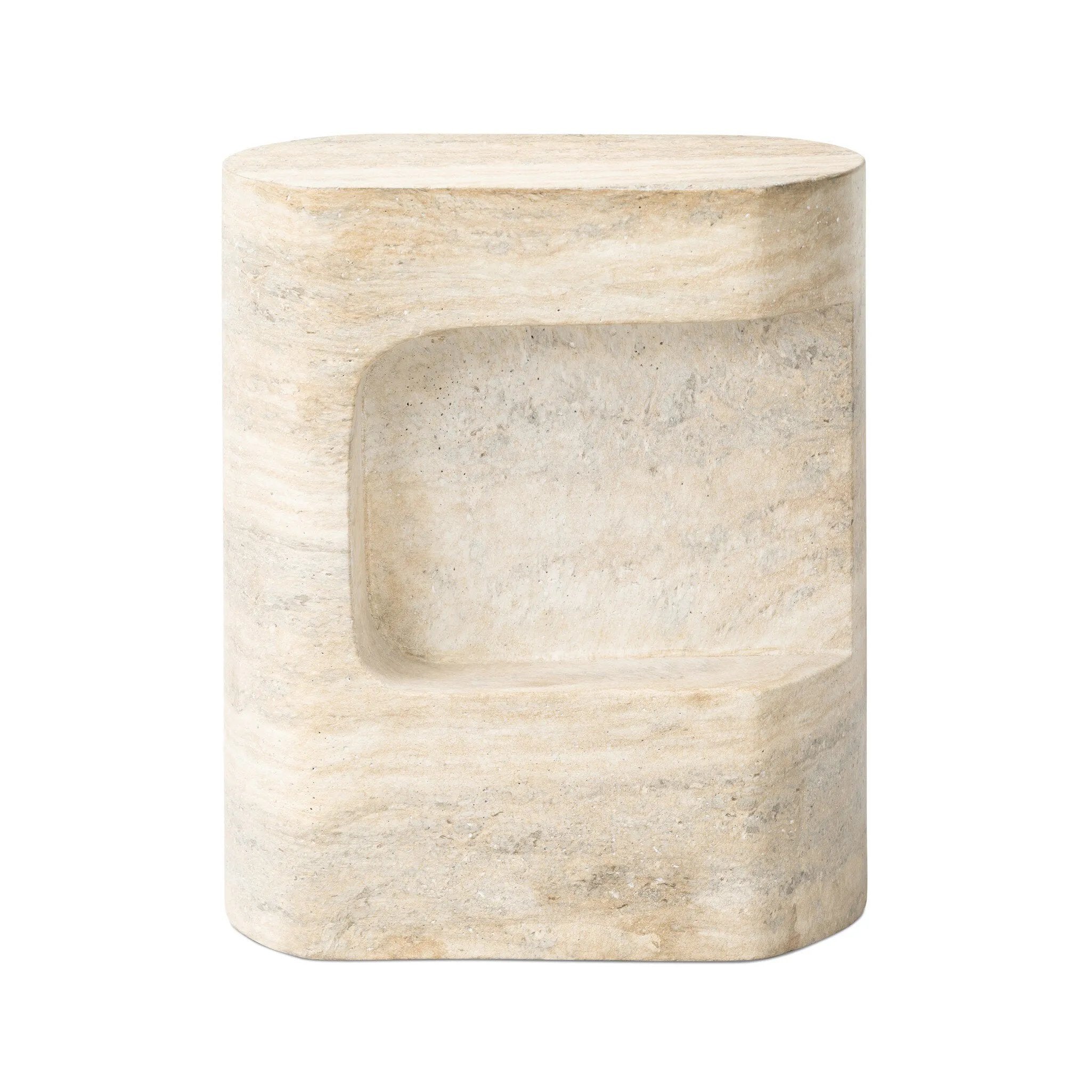 Cutout detailing brings a clean, modern vibe to a versatile end table of cast concrete. A water transfer finish creates a textured look and sandy hue resembling natural travertine.Collection: Chandle Amethyst Home provides interior design, new home construction design consulting, vintage area rugs, and lighting in the Omaha metro area.