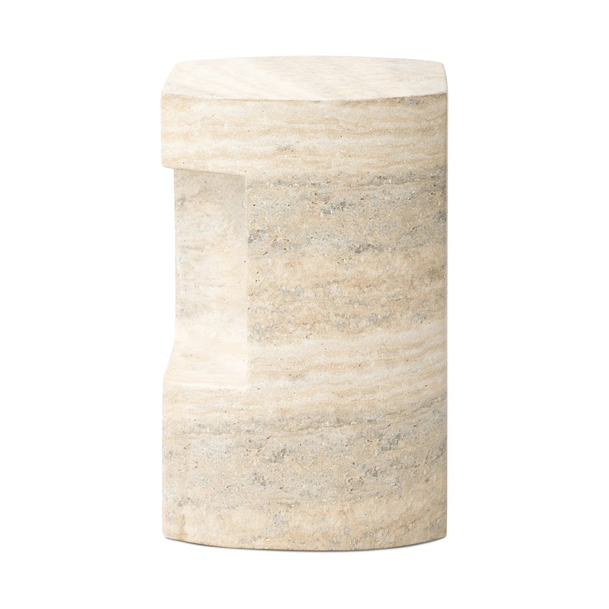 Cutout detailing brings a clean, modern vibe to a versatile end table of cast concrete. A water transfer finish creates a textured look and sandy hue resembling natural travertine.Collection: Chandle Amethyst Home provides interior design, new home construction design consulting, vintage area rugs, and lighting in the Washington metro area.
