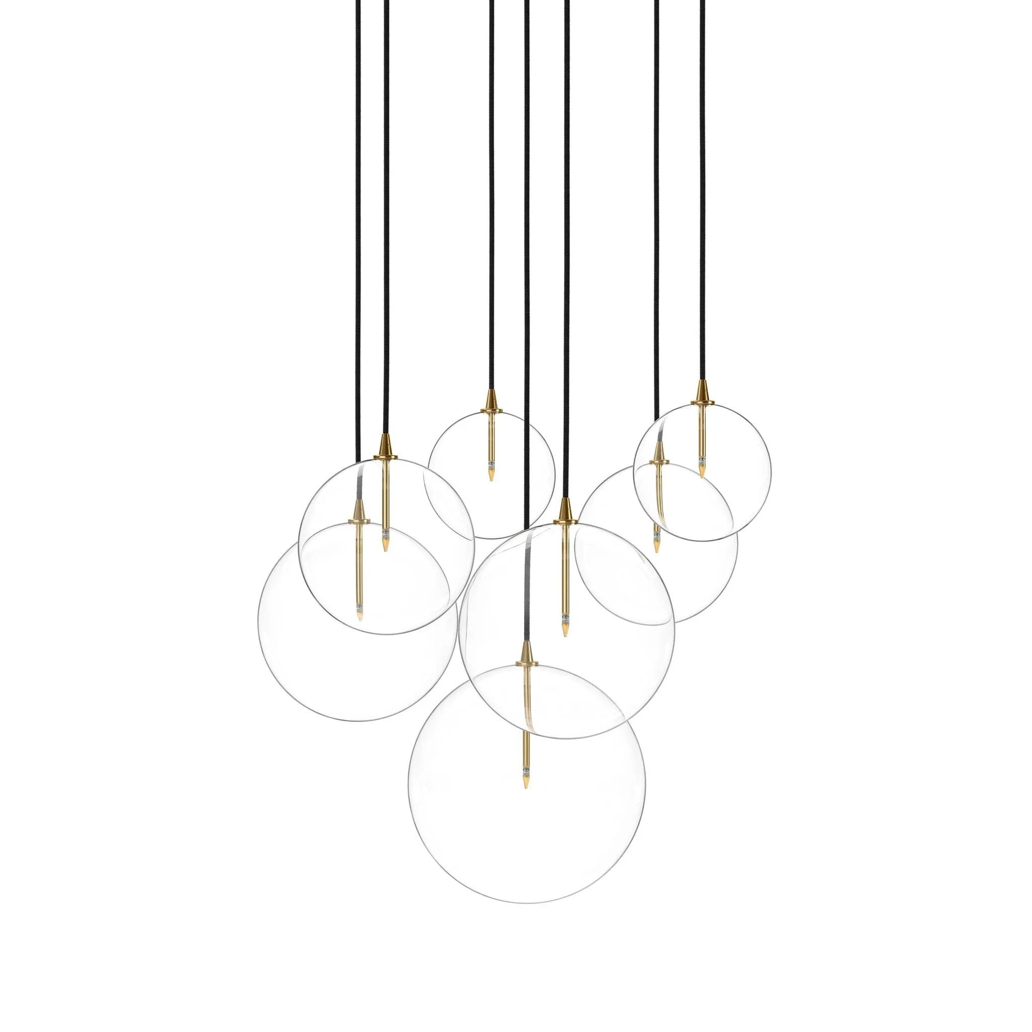 Clear glass spheres dangle at varying lengths for a stunning effect. Each globe is individually blown, shaped and sculpted by hand through a one-hour process. Brass and glass are 98% recyclable. Designed and sustainably crafted in Poland by Schwung.Overall Dimensions29.00"w x 30.75"d x 32.25"hFull Details &amp; SpecificationsTear Shee Amethyst Home provides interior design, new home construction design consulting, vintage area rugs, and lighting in the Nashville metro area.