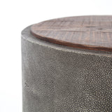 Mixed materials and the simplest of shapes are sized to make a perfect side table. Reclaimed peroba wood is supported by a textural faux shagreen base in soft grey. This piece is designed in collaboration with Thomas Bina. Amethyst Home provides interior design, new construction, custom furniture, and area rugs in the Portland metro area.