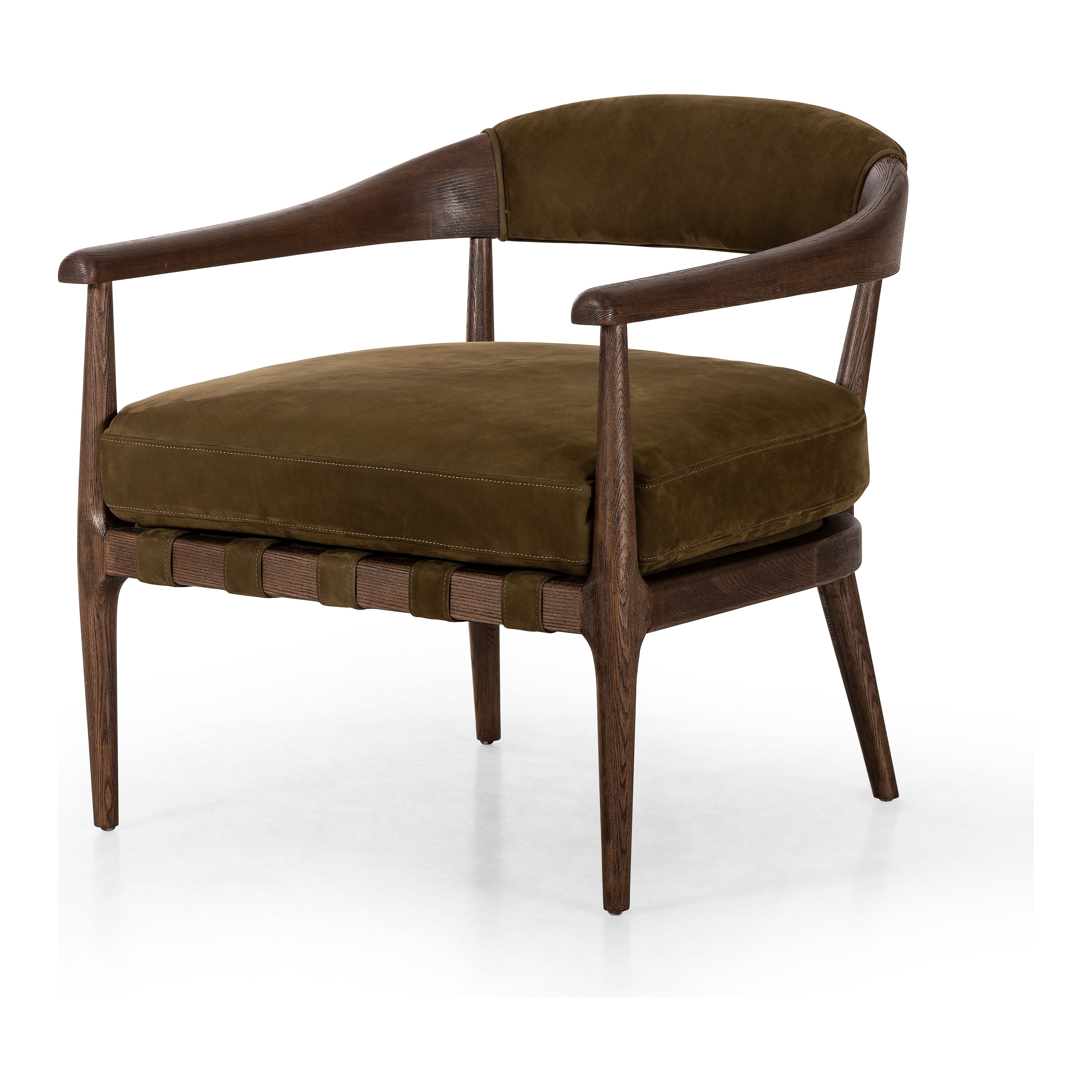 Safari styling is brought to modern speed on this vintage-inspired chair. Its solid wood frame features a webbed seating structure that brings a sink-in feel to the entire piece. The upholstered back, strap details and loose cushion are finished in a rich Italian-made leather with a soft, buttery feel and subtle highs and lows throughout the hide that bring movement to the entire piece. Amethyst Home provides interior design, new construction, custom furniture, and area rugs in the Laguna Beach metro area.