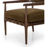 Safari styling is brought to modern speed on this vintage-inspired chair. Its solid wood frame features a webbed seating structure that brings a sink-in feel to the entire piece. The upholstered back, strap details and loose cushion are finished in a rich Italian-made leather with a soft, buttery feel and subtle highs and lows throughout the hide that bring movement to the entire piece. Amethyst Home provides interior design, new construction, custom furniture, and area rugs in the Nashville metro area.
