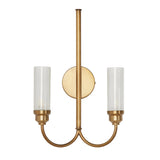 Deep, exaggerated curves topped with frosted glass cylinders form this modern take on the traditional sconce. Crafted from durable iron and finished in antiqued brass, the sconce is great for pairing in the entryway, hallway and beyond.Collection: Hutto Amethyst Home provides interior design, new home construction design consulting, vintage area rugs, and lighting in the Laguna Beach metro area.