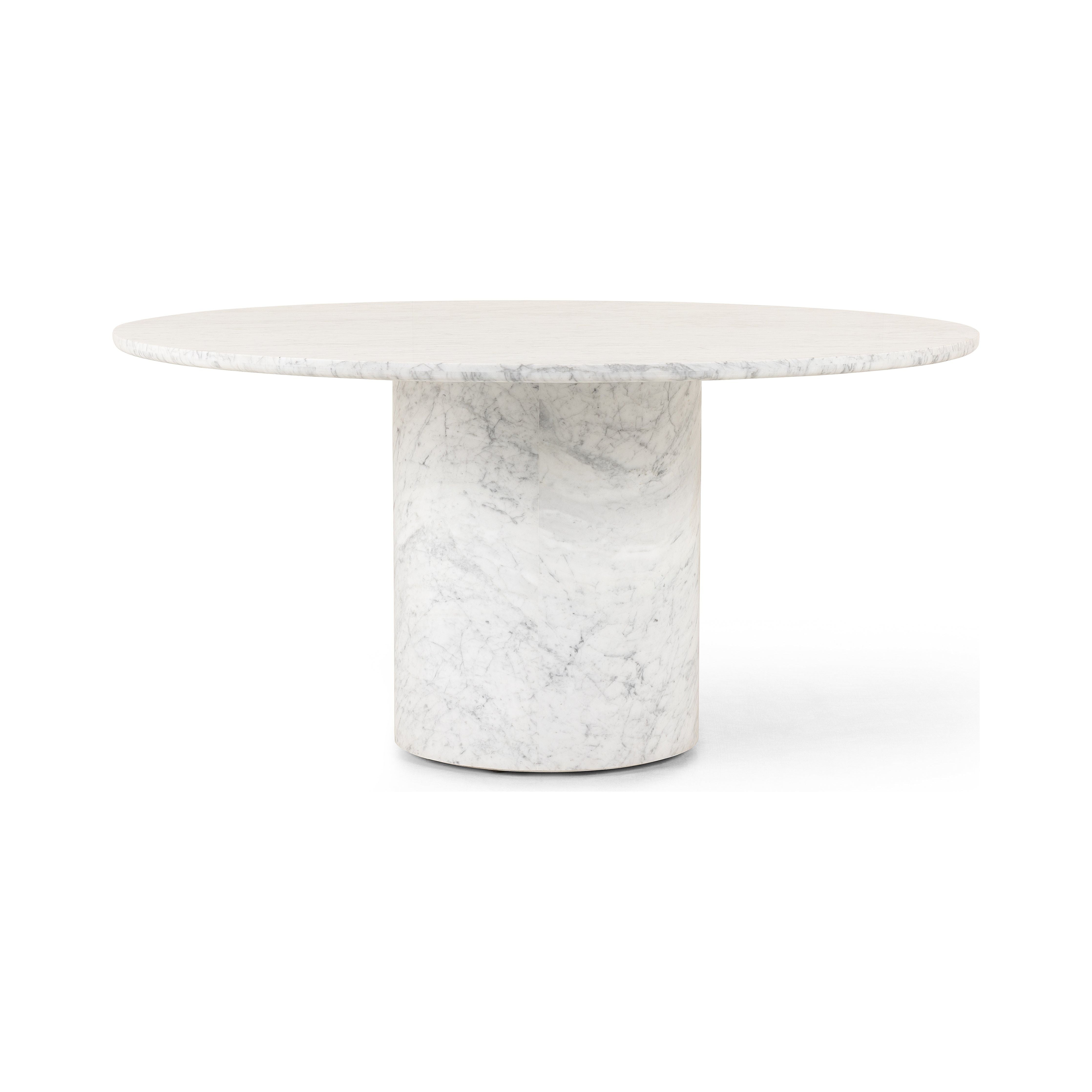 A statement in marble, this dining table showcases a simple cylinder base with a round table top. Style in a dining room or entryway. Seats six comfortably. Amethyst Home provides interior design, new construction, custom furniture, and area rugs in the Scottsdale metro area.