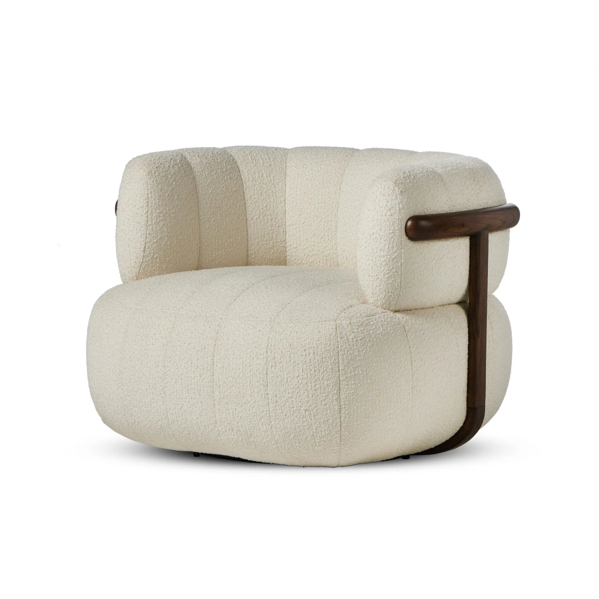 The ultimate in polished media style seating has arrived. Framed in oak, this 360-degree swivel chair is constructed with two separate pieces â€” the seat and the back. The piece features evenly spaced spring suspension and a soft snow textile stitched into 5.5-inch channels for stylish comfort.Collection: Farro Amethyst Home provides interior design, new home construction design consulting, vintage area rugs, and lighting in the Portland metro area.