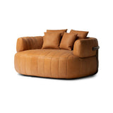 The ultimate in polished media style seating has arrived. Framed in oak, this lounger is constructed with two separate pieces â€” the seat and the back â€” and accompanied by four toss cushions. The lounger features evenly spaced spring suspension and caramel top-grain leather stitched into 5.5-inch channels for stylish comfort.Collection: Farro Amethyst Home provides interior design, new home construction design consulting, vintage area rugs, and lighting in the Newport Beach metro area.
