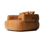 The ultimate in polished media style seating has arrived. Framed in oak, this lounger is constructed with two separate pieces â€” the seat and the back â€” and accompanied by four toss cushions. The lounger features evenly spaced spring suspension and caramel top-grain leather stitched into 5.5-inch channels for stylish comfort.Collection: Farro Amethyst Home provides interior design, new home construction design consulting, vintage area rugs, and lighting in the Seattle metro area.