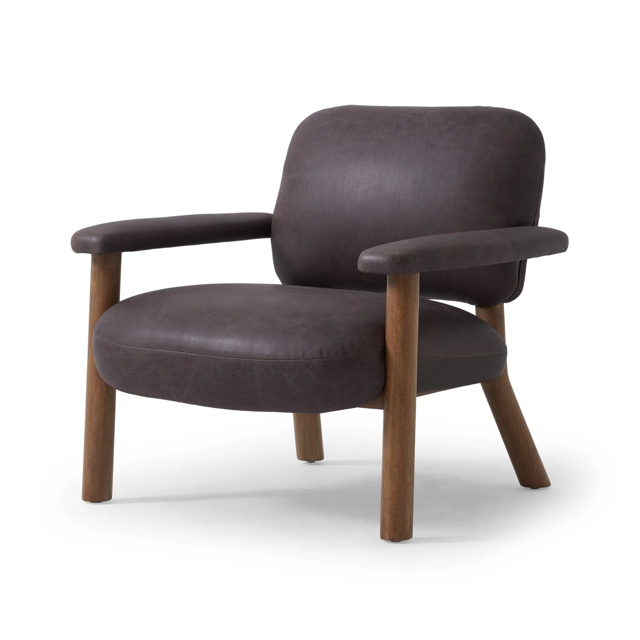 Sleek and inviting, this wood-meets-leather arm chair is timeless in any context. Large cylindrical legs support the upholstered back and seat, which are covered in bark-colored top-grain leather. Spring suspension adds comfort and durability to the seat cushion.Collection: Carnegi Amethyst Home provides interior design, new home construction design consulting, vintage area rugs, and lighting in the Seattle metro area.