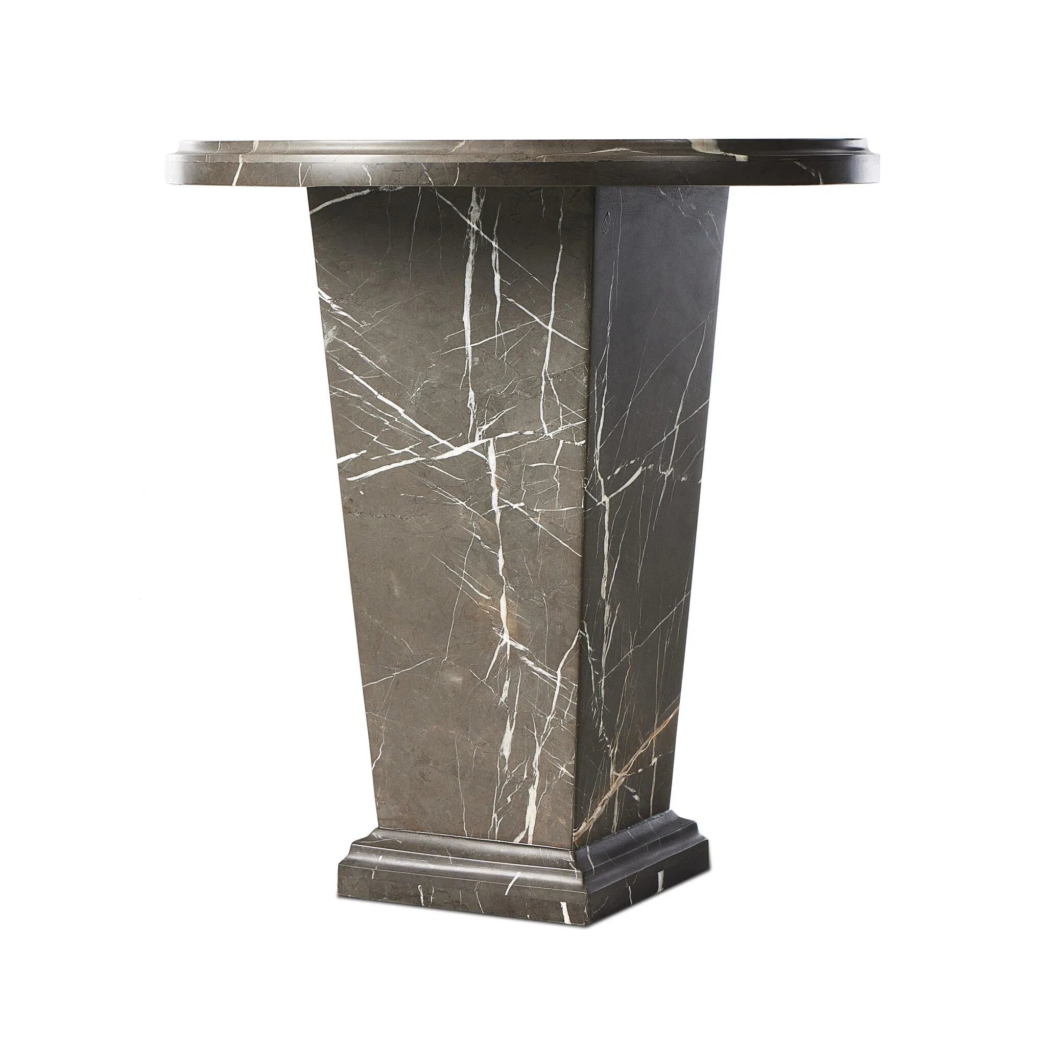 Inspired by Roman columns, a versatile end table of grey Italian marble works a sophisticated touch into any room.Collection: Elemen Amethyst Home provides interior design, new home construction design consulting, vintage area rugs, and lighting in the Charlotte metro area.