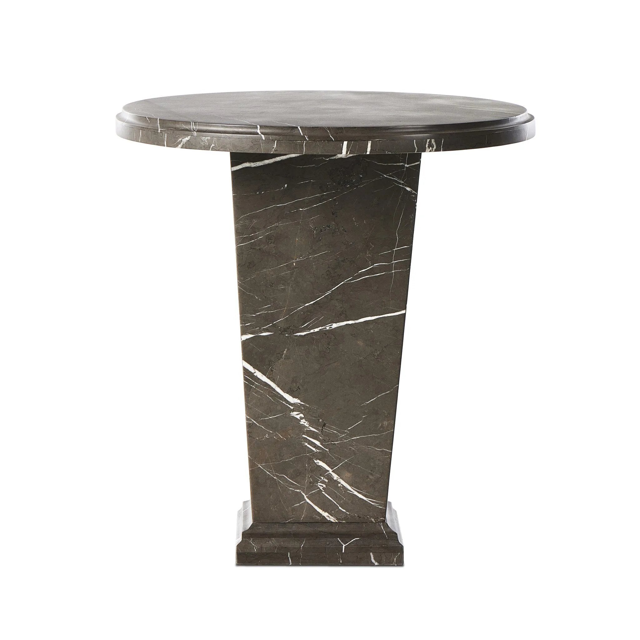 Inspired by Roman columns, a versatile end table of grey Italian marble works a sophisticated touch into any room.Collection: Elemen Amethyst Home provides interior design, new home construction design consulting, vintage area rugs, and lighting in the Dallas metro area.