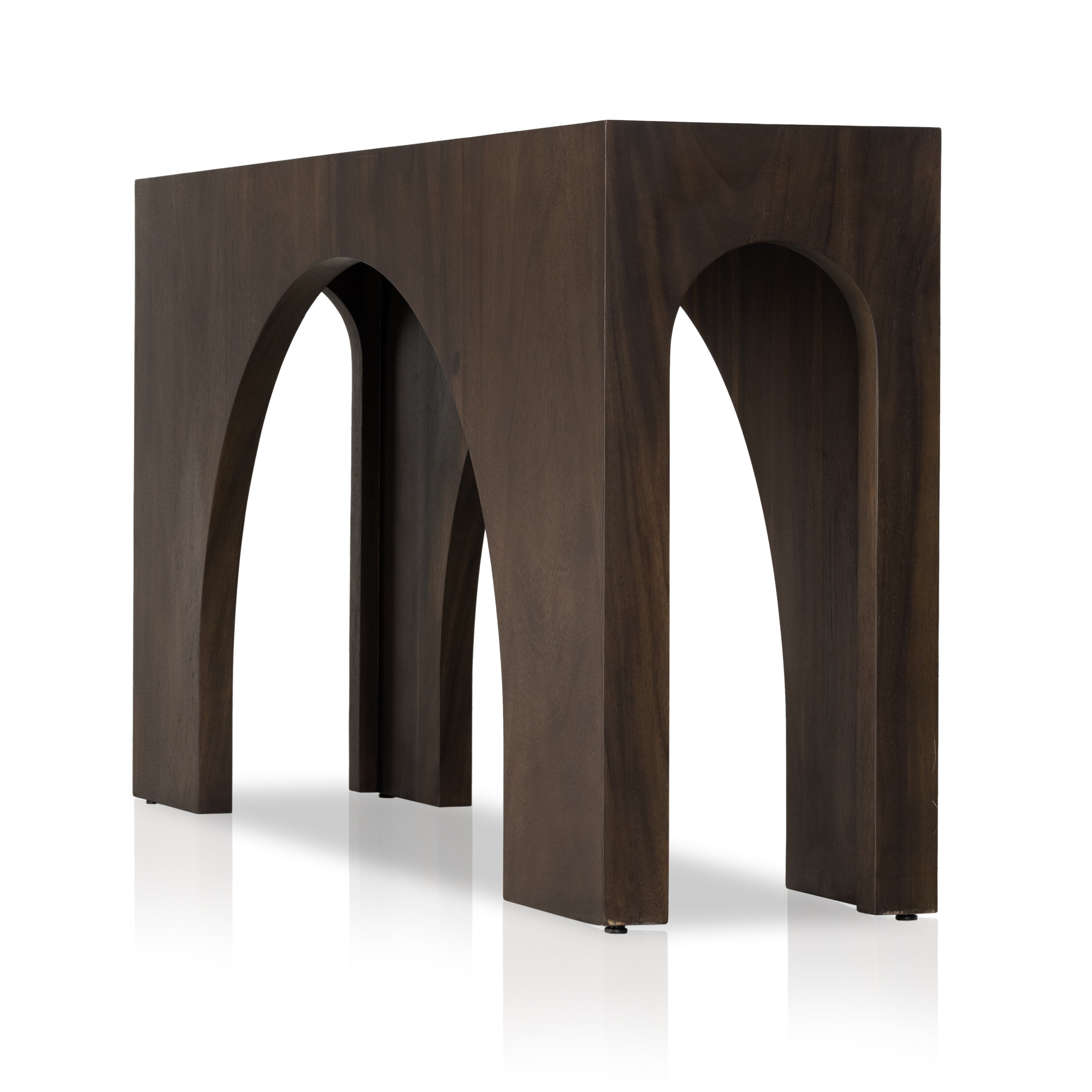 Clean and simple, with great impact. Made from smoked Guanacaste, shapely arches and block corners speak to the architectural inspiration behind this eye-catching console table. Amethyst Home provides interior design, new construction, custom furniture, and area rugs in the Calabasas metro area.