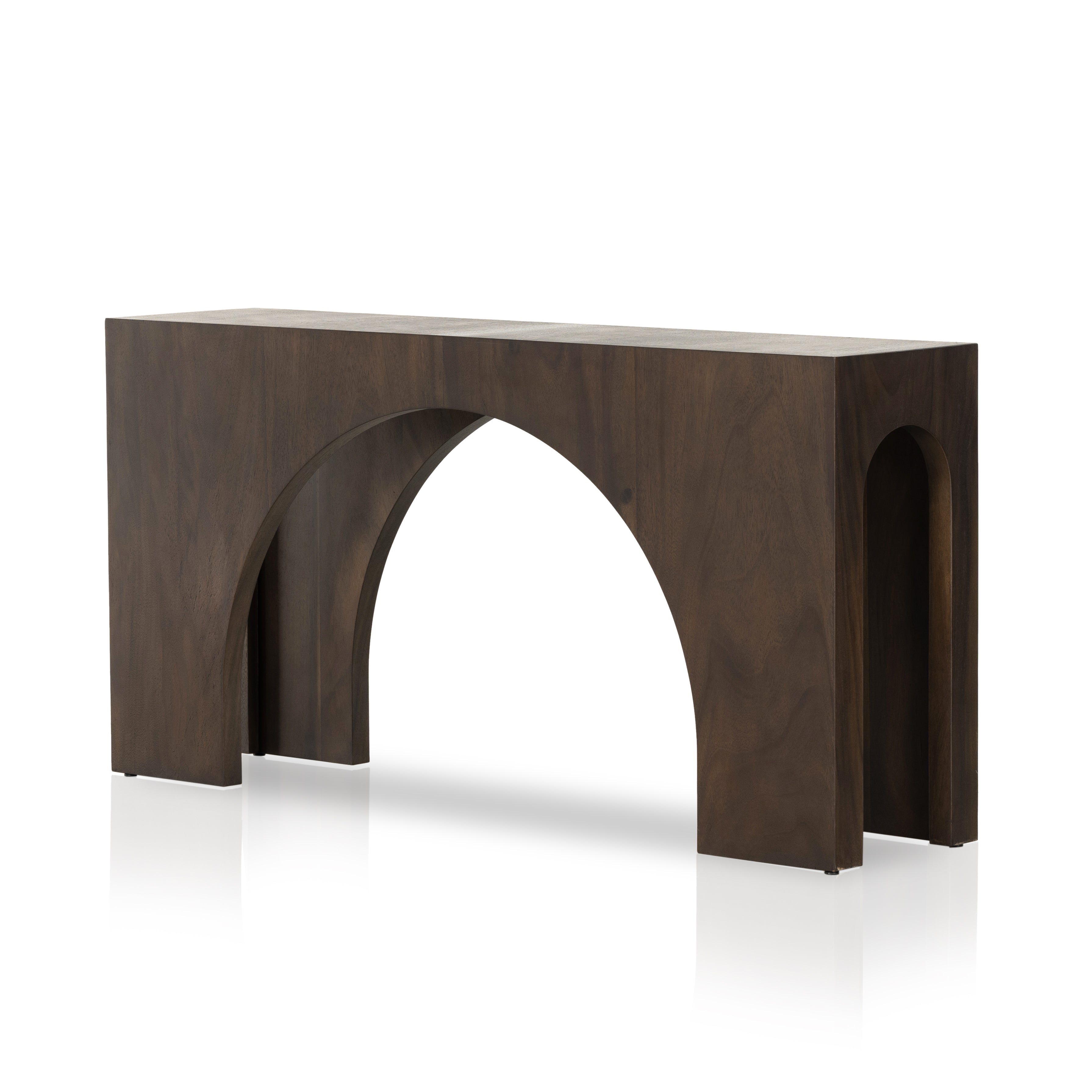 Clean and simple, with great impact. Made from smoked Guanacaste, shapely arches and block corners speak to the architectural inspiration behind this eye-catching console table. Amethyst Home provides interior design, new construction, custom furniture, and area rugs in the Tampa metro area.