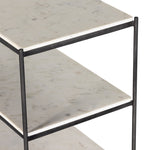 Hammered grey-finished iron frames three tiers of polished white marble, for an open look with plenty of surface space. Amethyst Home provides interior design, new construction, custom furniture and area rugs in the San Diego metro area
