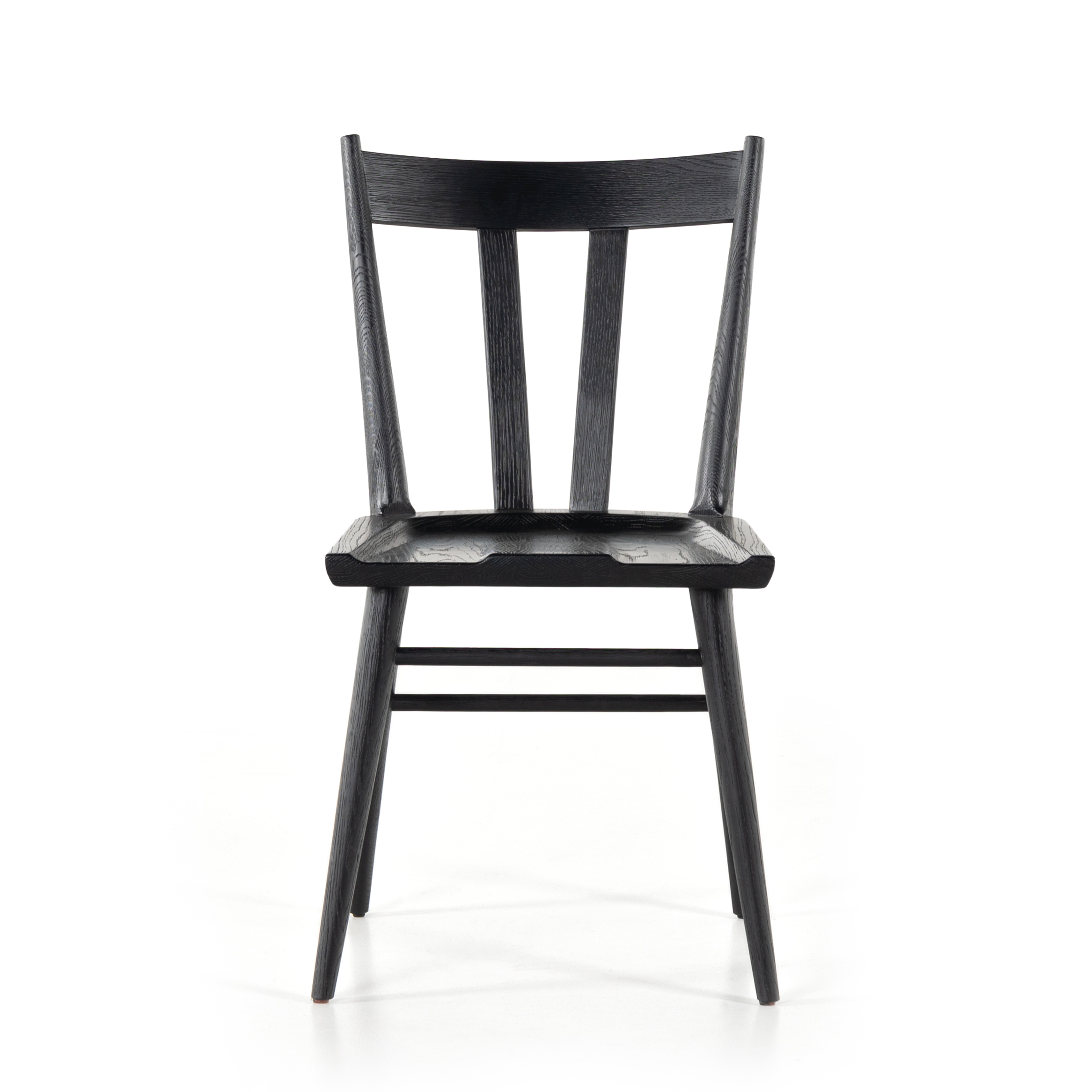 Finished in a beautifully classic black oak, the Gregory Black Oak Dining Chair features a yoke-like back and widened supports, placing a fresh twist on the traditional Windsor. Amethyst Home provides interior design, new construction, custom furniture, and rugs for the Omaha metro area.