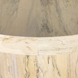 Stunning forces of nature are captured in a drum-style pedestal coffee table, natural yukas veneer is hand-shaped into a beautifully rounded silhouette for a warm, natural ombre look. Reflective of woods' natural character, a slight color variance is possible from piece to piece. Amethyst Home provides interior design, new home construction design consulting, vintage area rugs, and lighting in the Omaha metro area.