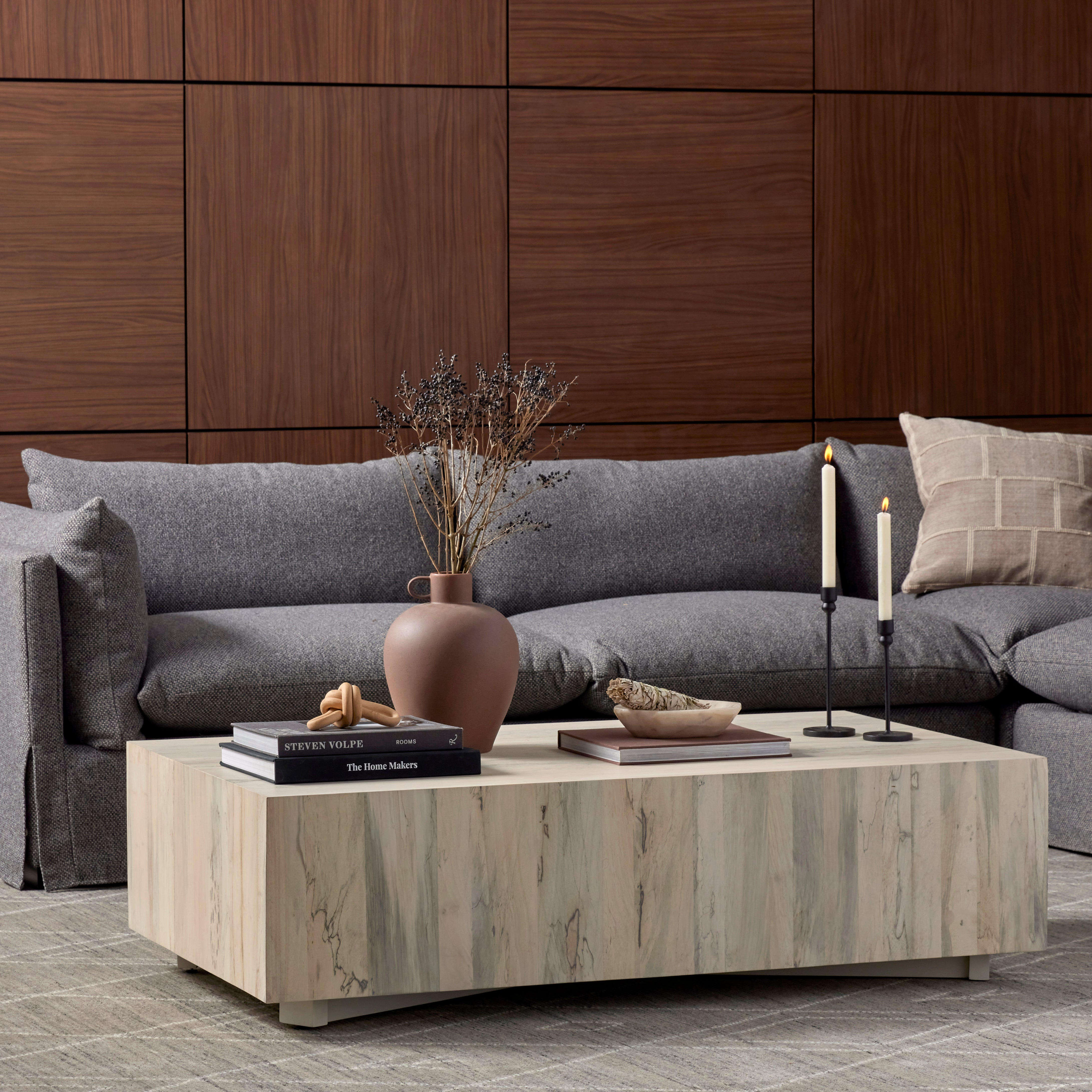 Stunning forces of nature, captured in a coffee table. Spalted primavera wood is hand-shaped into a rectangular silhouette and finished in a white hue. Reflective of woods' natural character, a slight color variance is possible from piece to piece. Amethyst Home provides interior design, new construction, custom furniture, and area rugs in the Miami metro area.